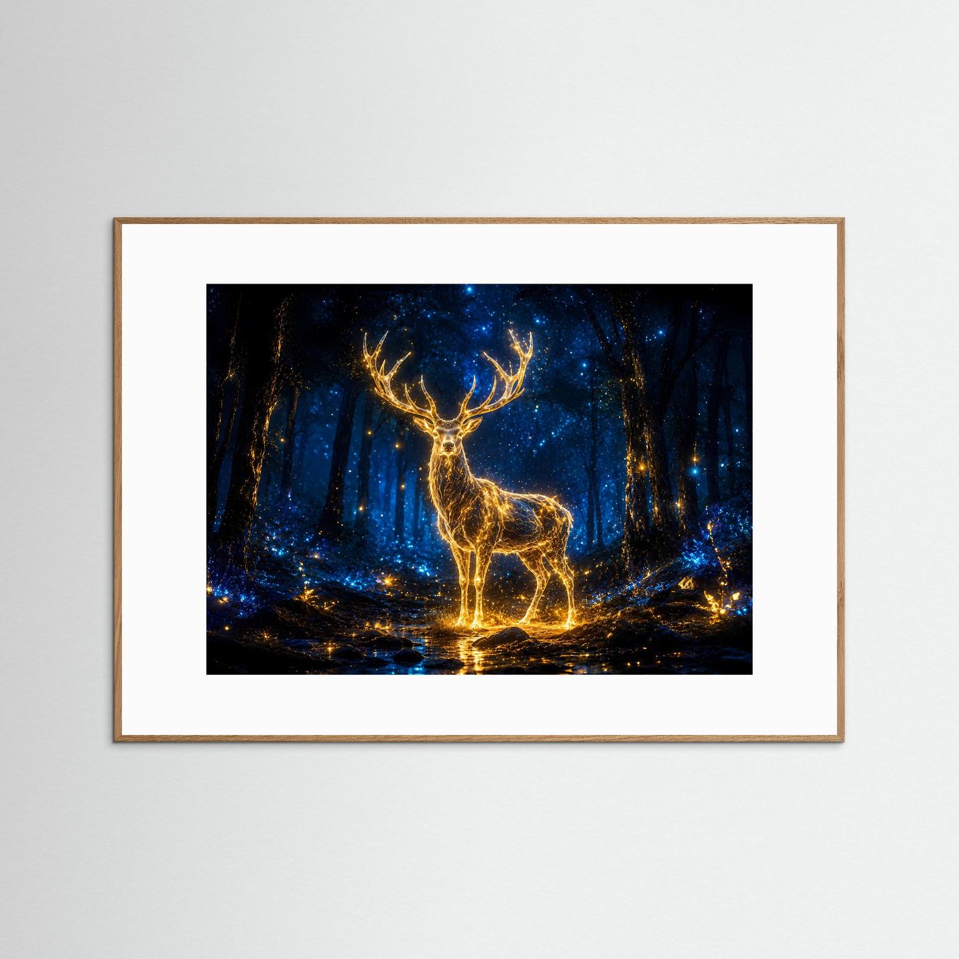 Leuchtender Hirsch Poster | Mystischer Wald Wandbild | Magisches Hirschmotiv in Blau und Gold