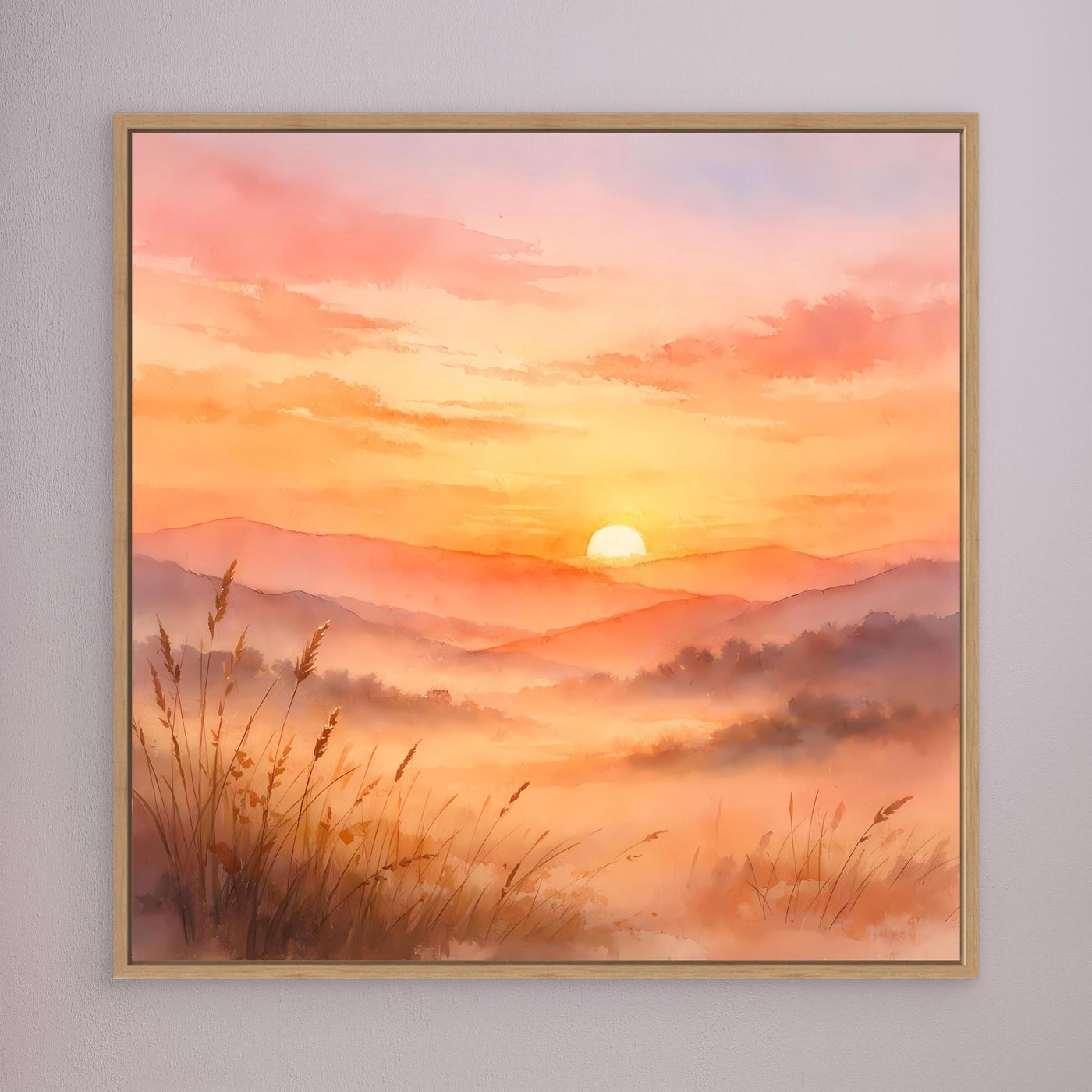 Leinwandbild Sonnenuntergang in den Bergen mit Holzrahmen