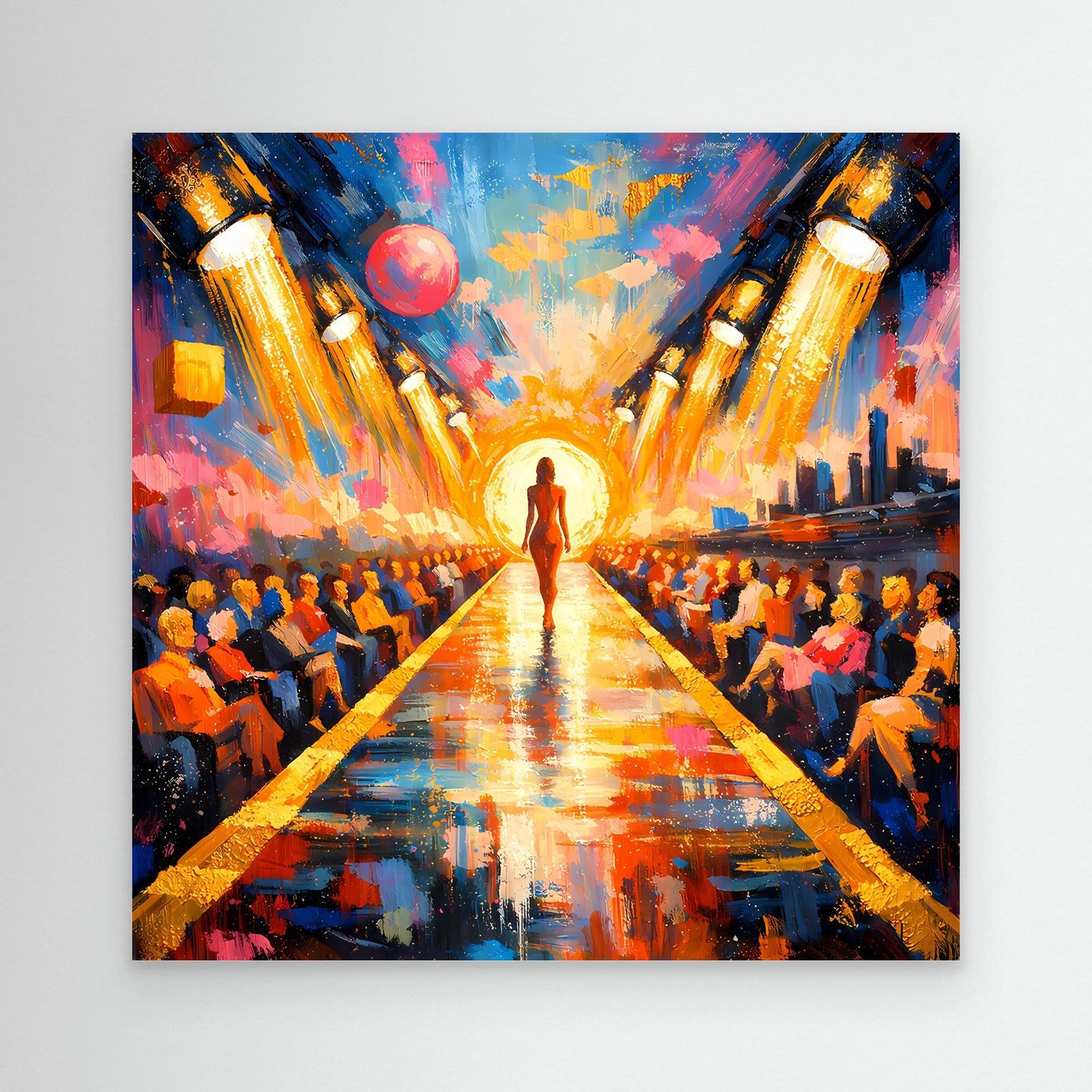 Leinwandbild mit abstraktem Pop-Art Laufsteg, zentrale Figur, bunte Farben, heller Rand