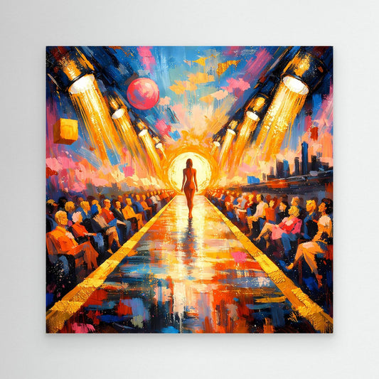 Leinwandbild mit abstraktem Pop-Art Laufsteg, zentrale Figur, bunte Farben, heller Rand