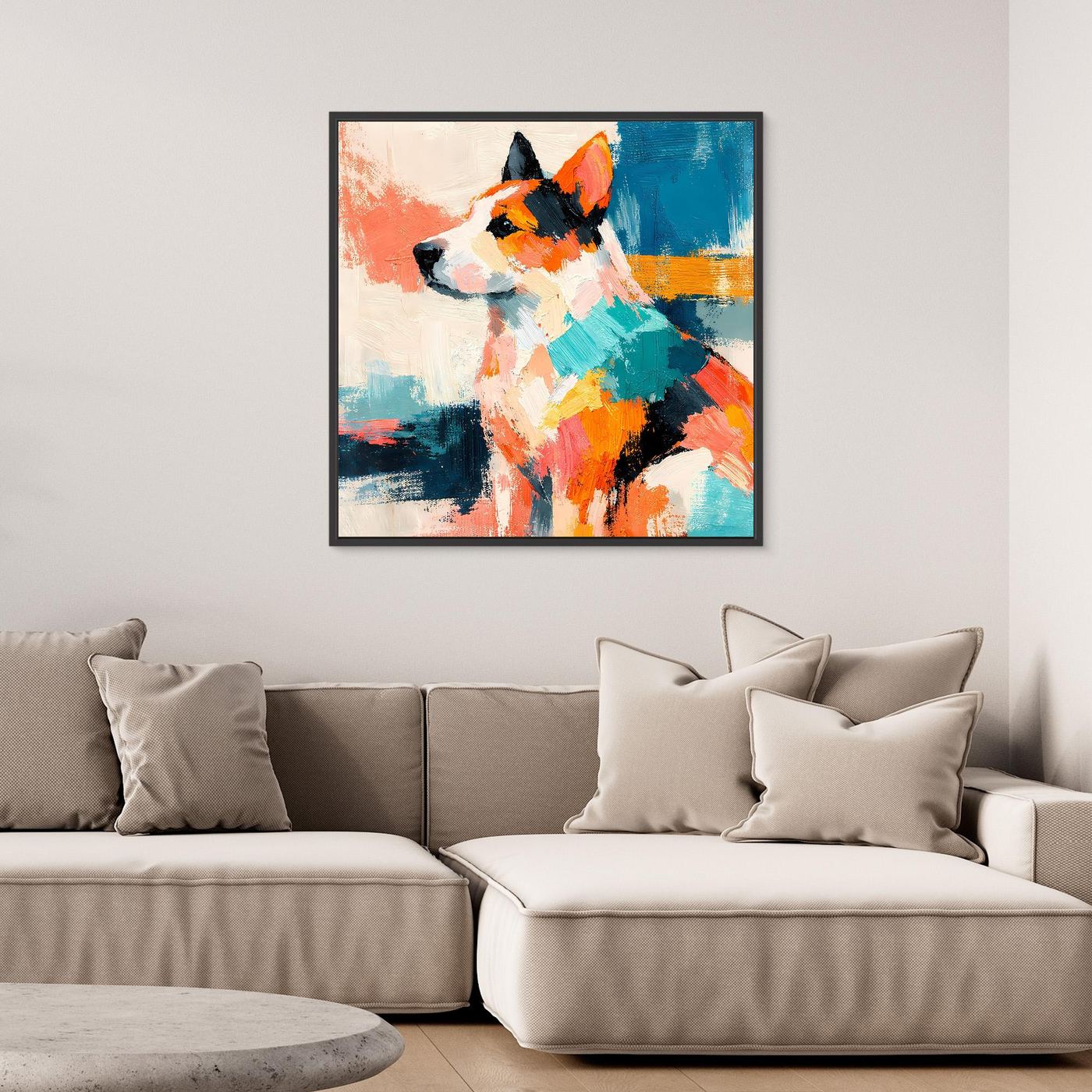 Leinwand-Wandbild mit abstraktem Hund im Pop-Art-Stil, farbiges Porträt, dunkler Rahmen