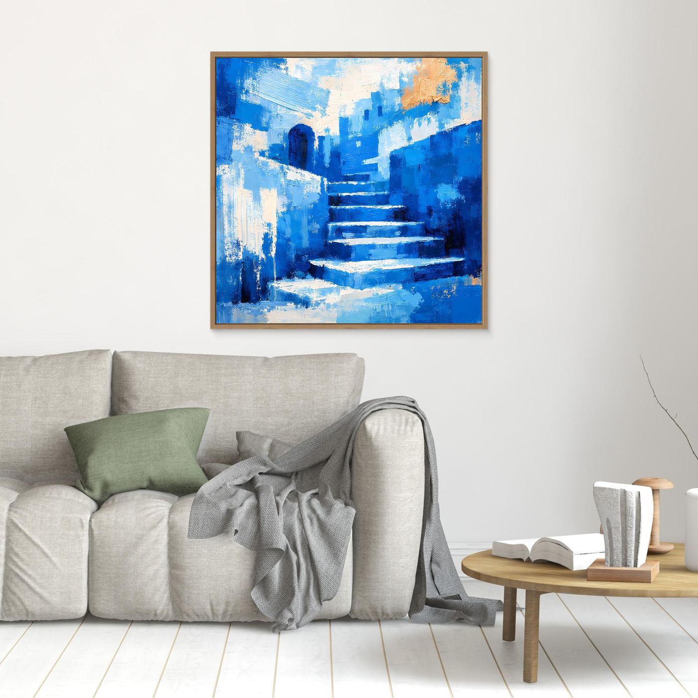 Leinwand-Wandbild mit blauem Treppenmotiv, goldbrauner Rahmen, orangefarbener Akzent