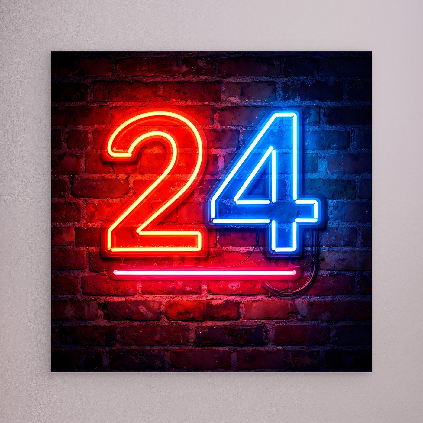 Leinwandbild mit Neon-Zahl „24“ auf Backstein, dunkler Rahmen