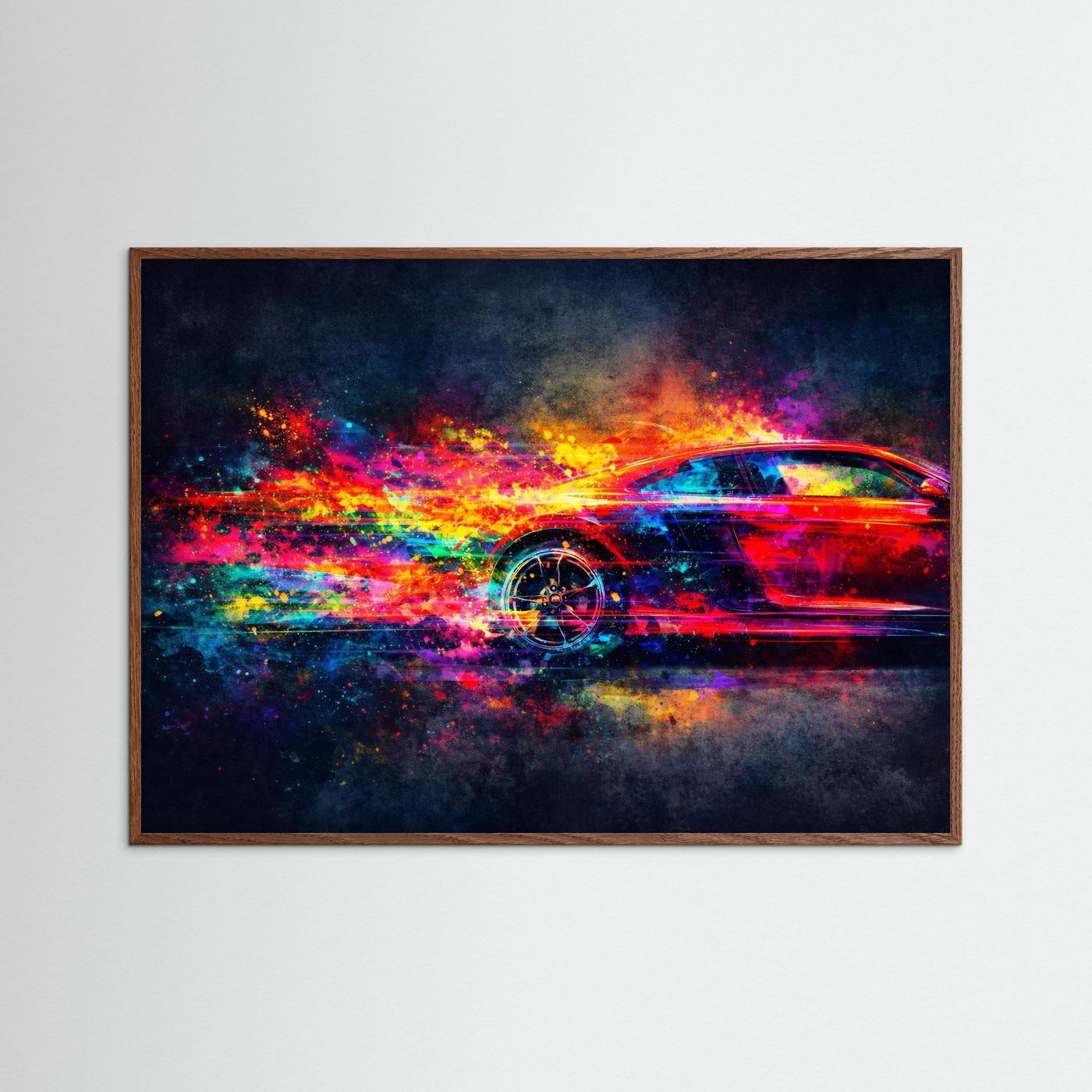 Dynamischer Sportwagen in Neon Farben | Abstrakte Auto Kunst & Bunt Wandbild Querformat