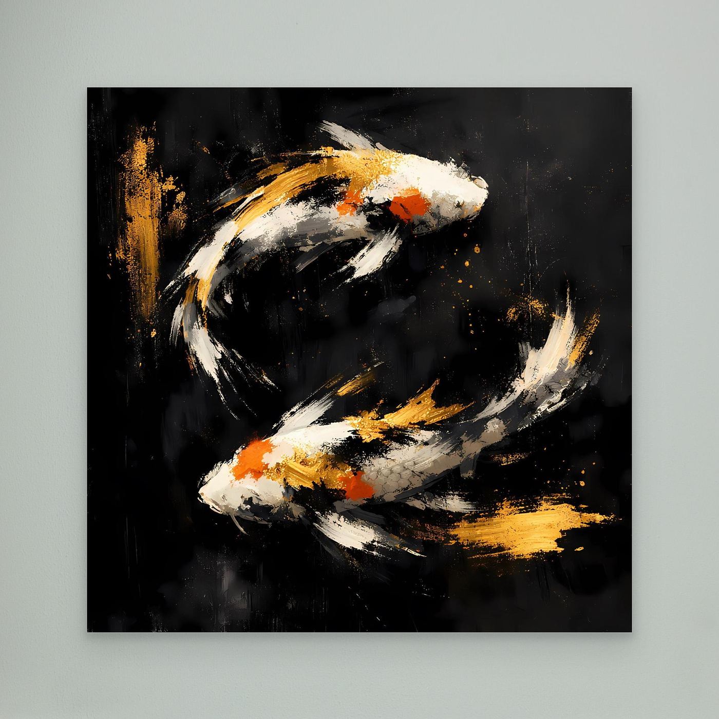 Leinwand Abstrakte Koi-Fische in Gold und Orange | Modernes Yin Yang Wandbild