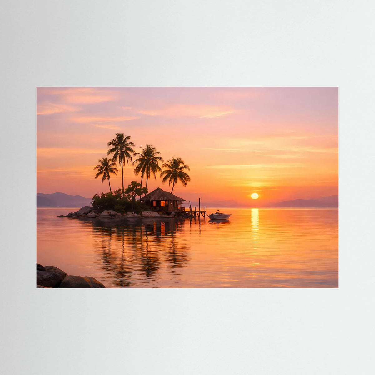 Querformatiges Wandbild: tropische Insel mit Palmen und Steg im Sonnenuntergang