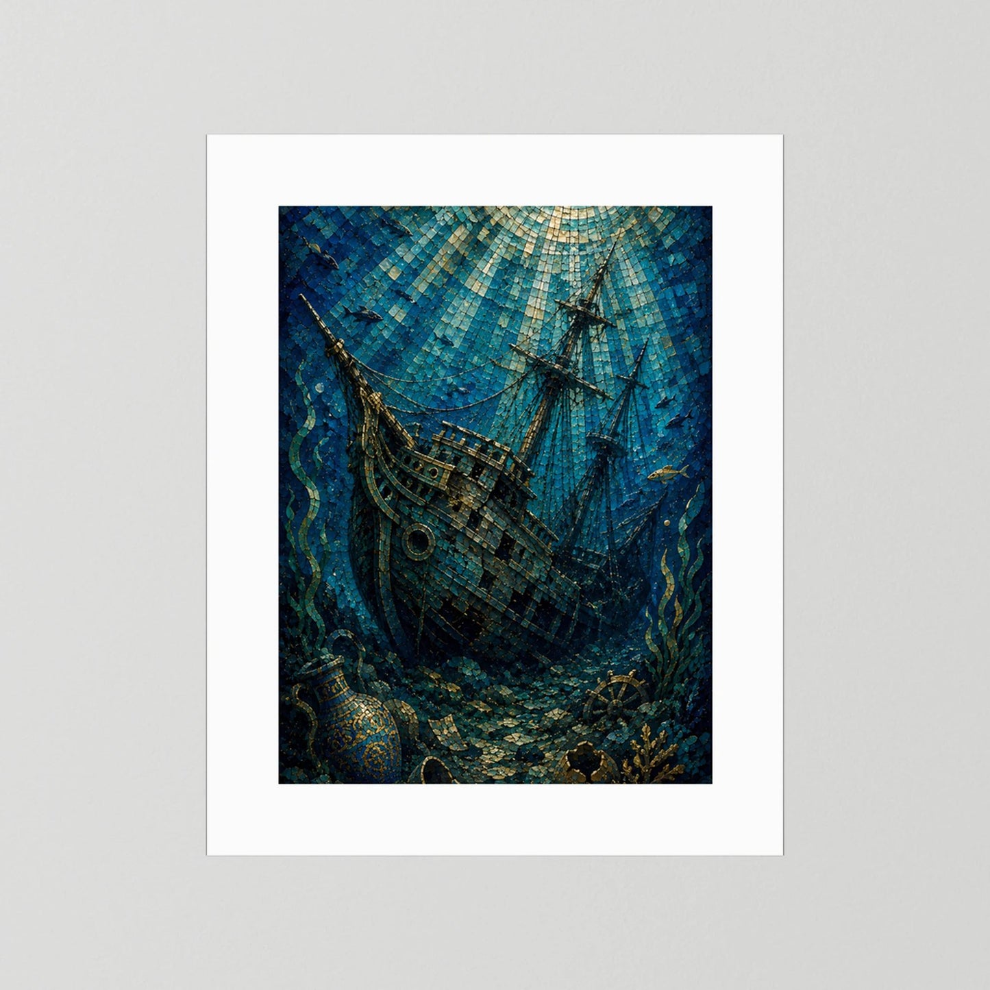 Poster im Hochformat mit weißem Rand, Mosaikmotiv: versunkenes Segelschiff unter Wasser