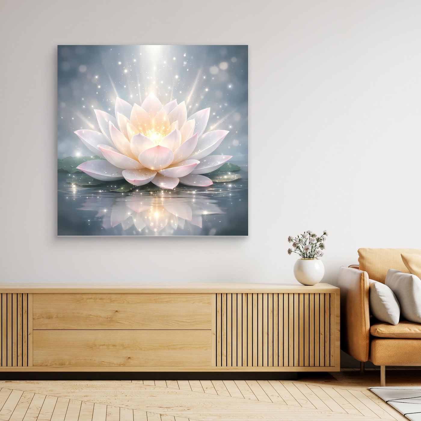 Leinwandbild mit leuchtender Lotusblüte, goldenes Zentrum mit schimmernden Reflexionen