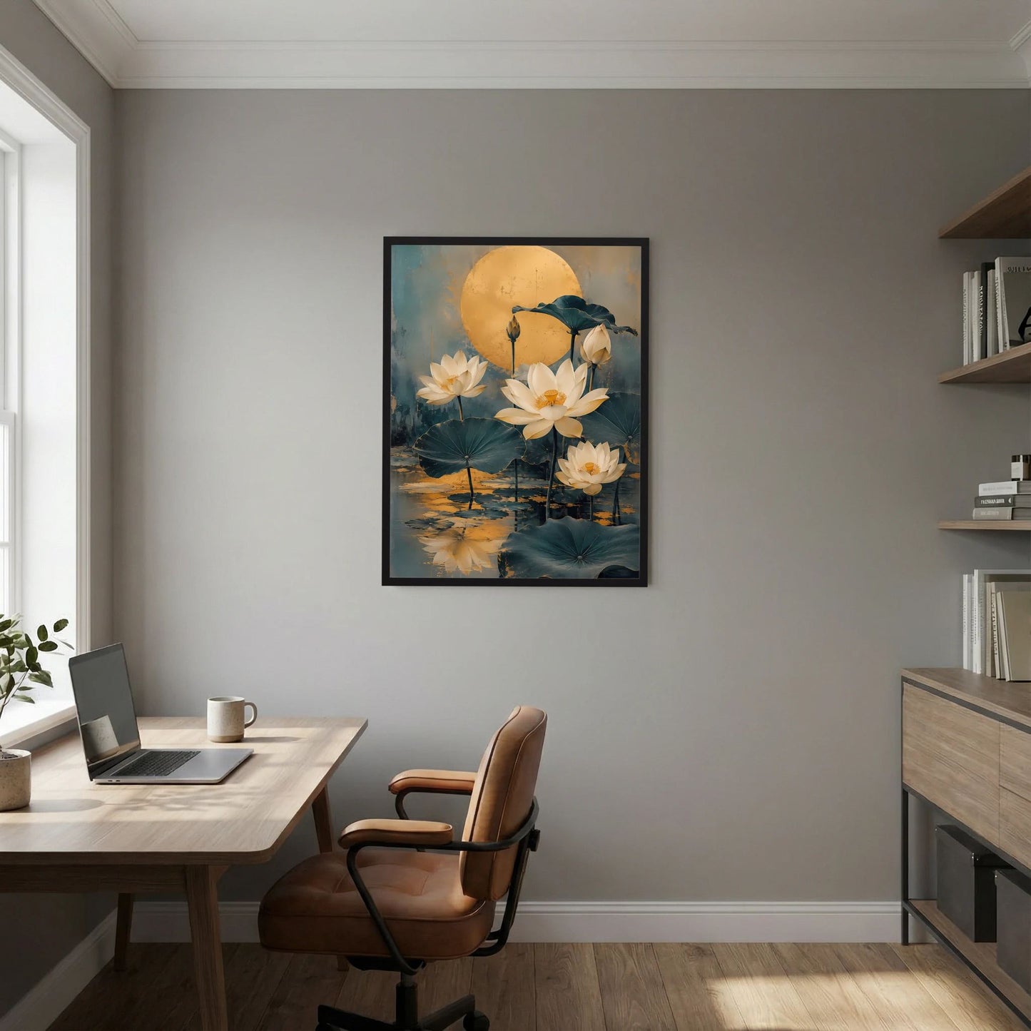 Gerahmtes Hochformat-Poster mit goldener Lotusblüte und rundem Mondmotiv