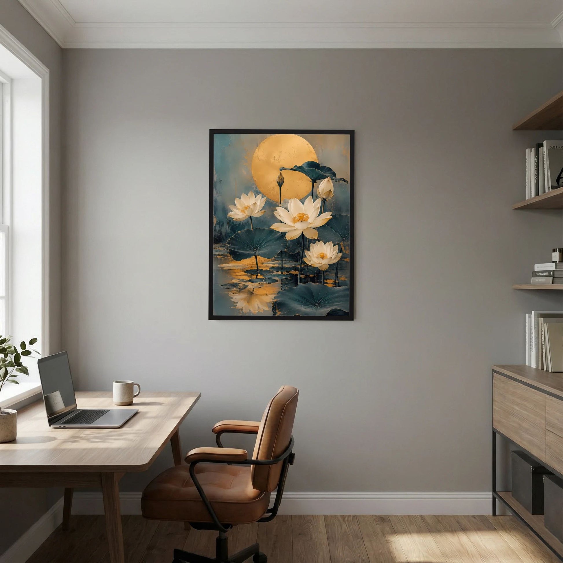 Gerahmtes Hochformat-Poster mit goldener Lotusblüte und rundem Mondmotiv