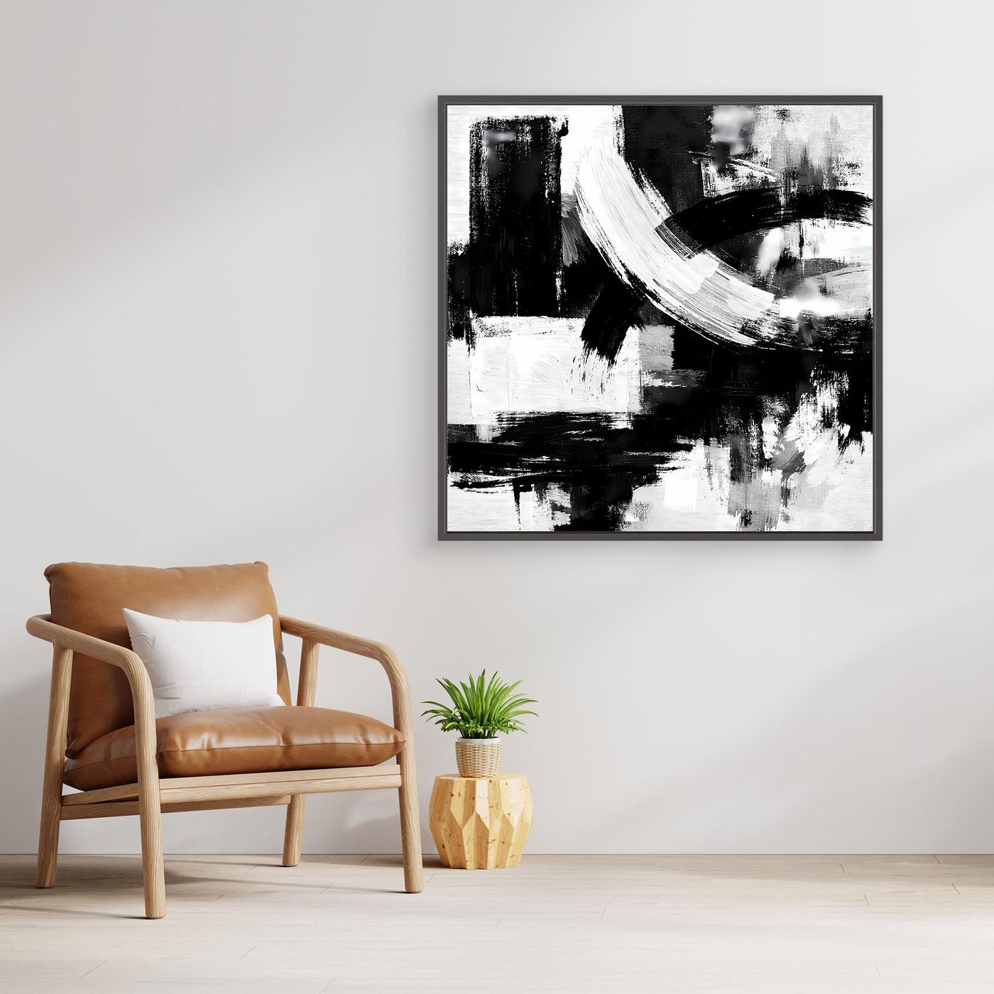 Square abstract canvas wall art with black-and-white brushstrokes, black frame