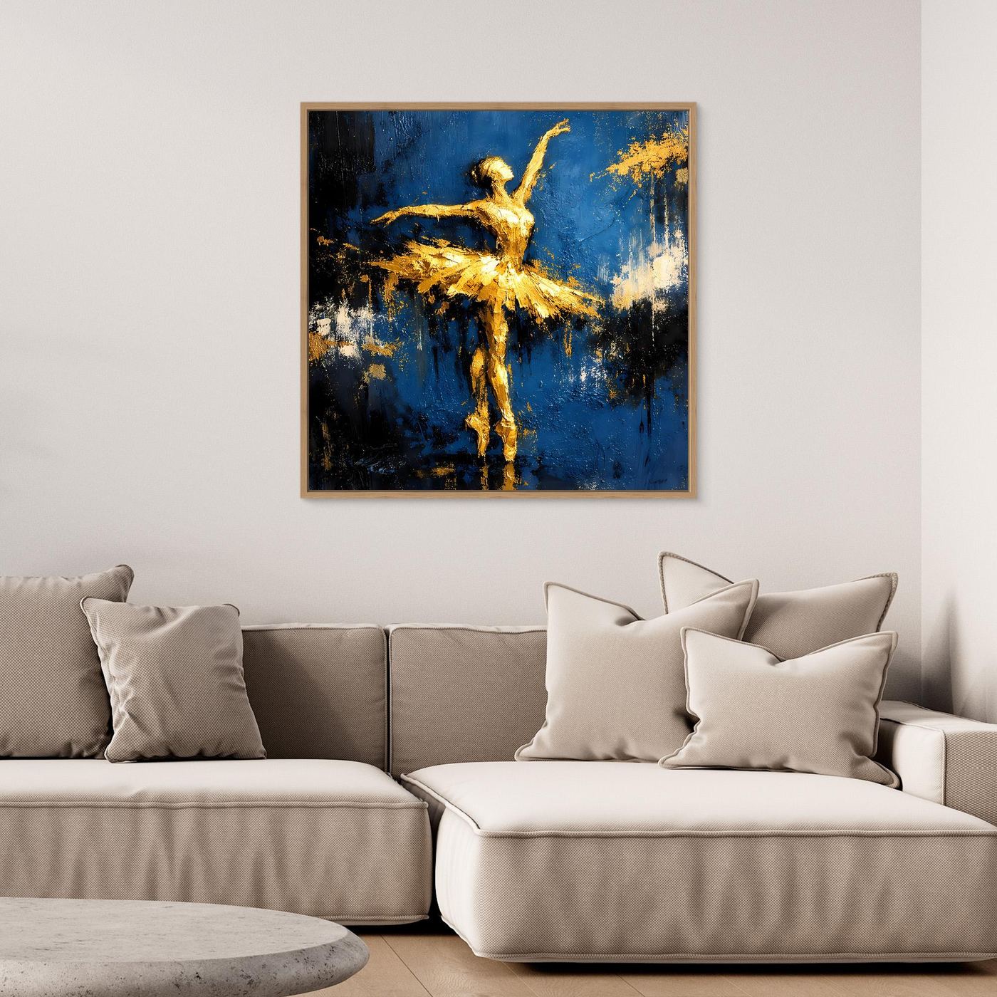 Leinwand Elegante Ballerina in Gold und Blau | Abstraktes Ballett Wandbild