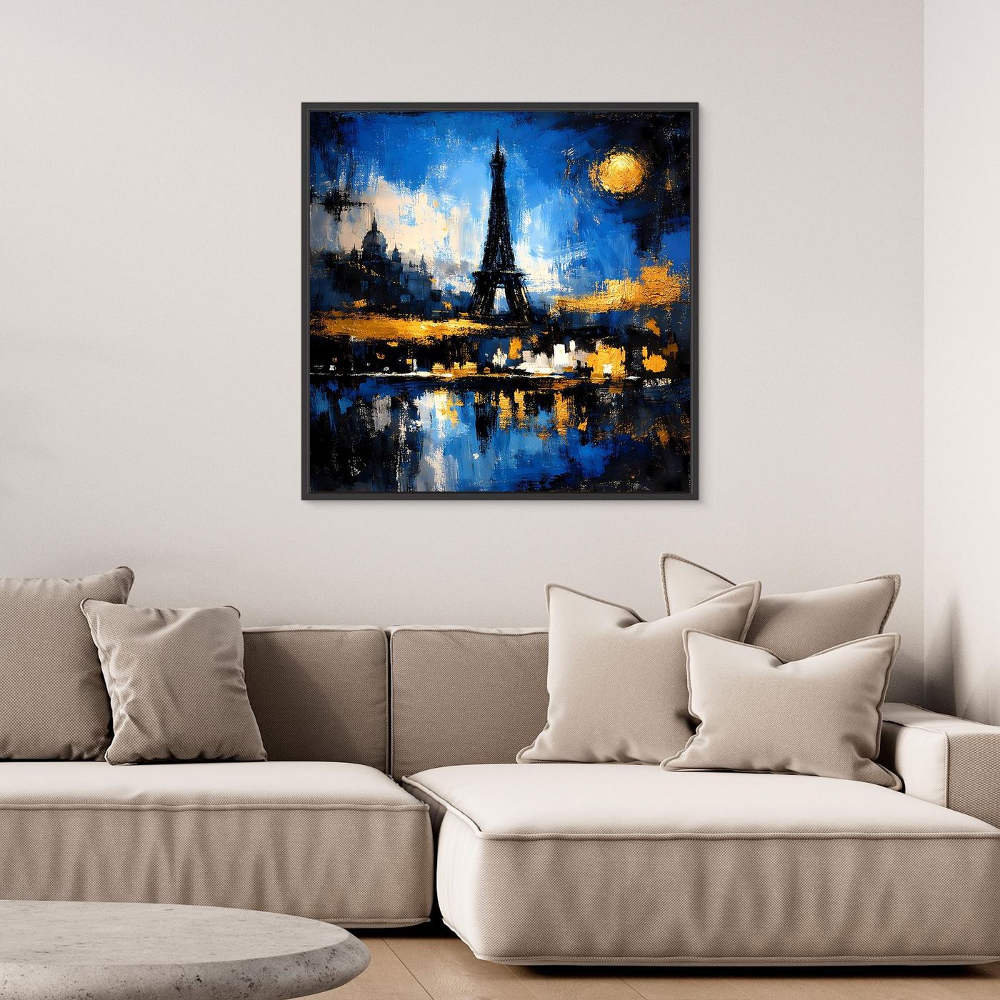Gerahmtes Leinwandbild mit Eiffelturm, blauem Himmel, gelbem Mond und Reflexionen