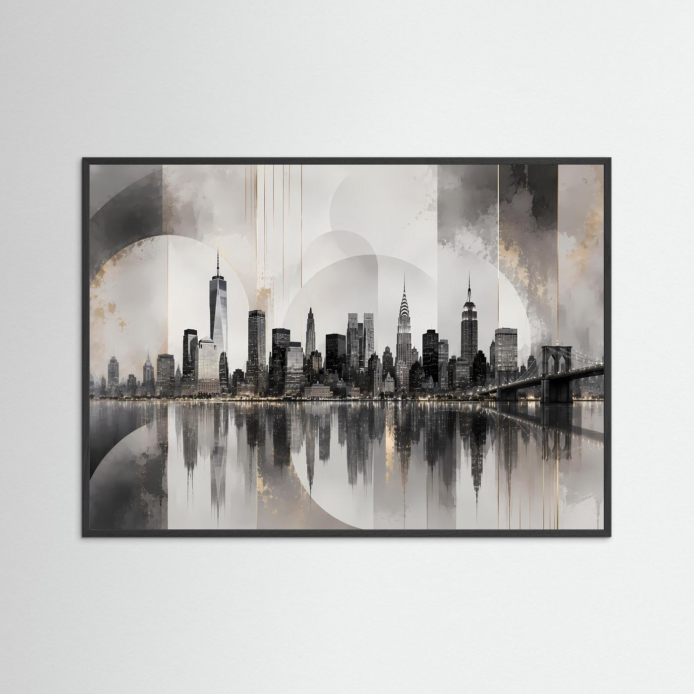Querformatiges Skyline-Poster mit Brückenmotiv im schwarzen Rahmen, Grau-Schwarz-Creme