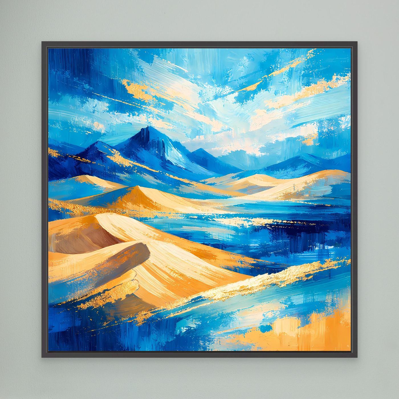 Leinwandbild mit abstrakter Berglandschaft in Blau und Gold, schwarze Einfassung