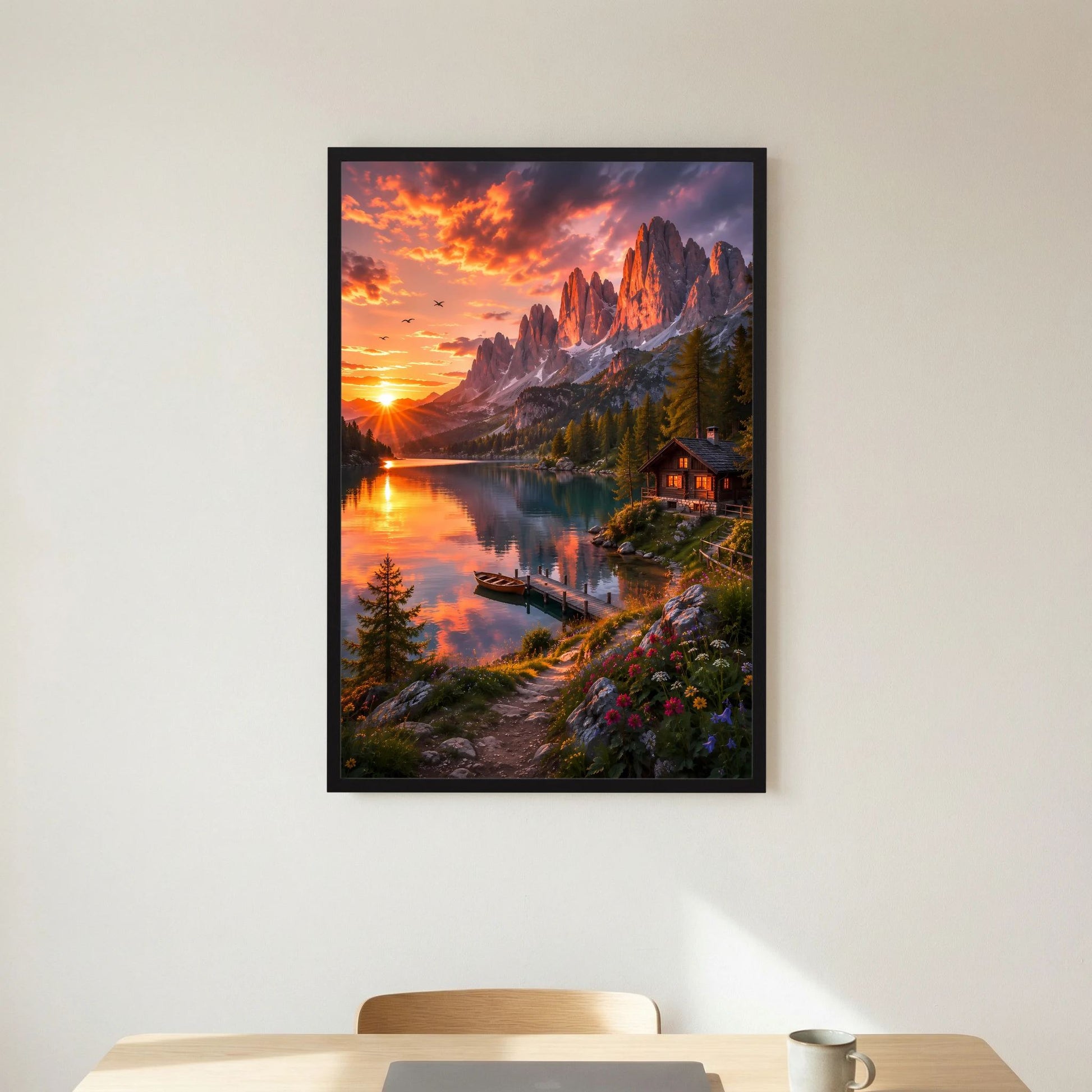 Hochformatiges Poster mit Sonnenuntergang über Bergen, See und Berghütte, schwarzer Rahmen
