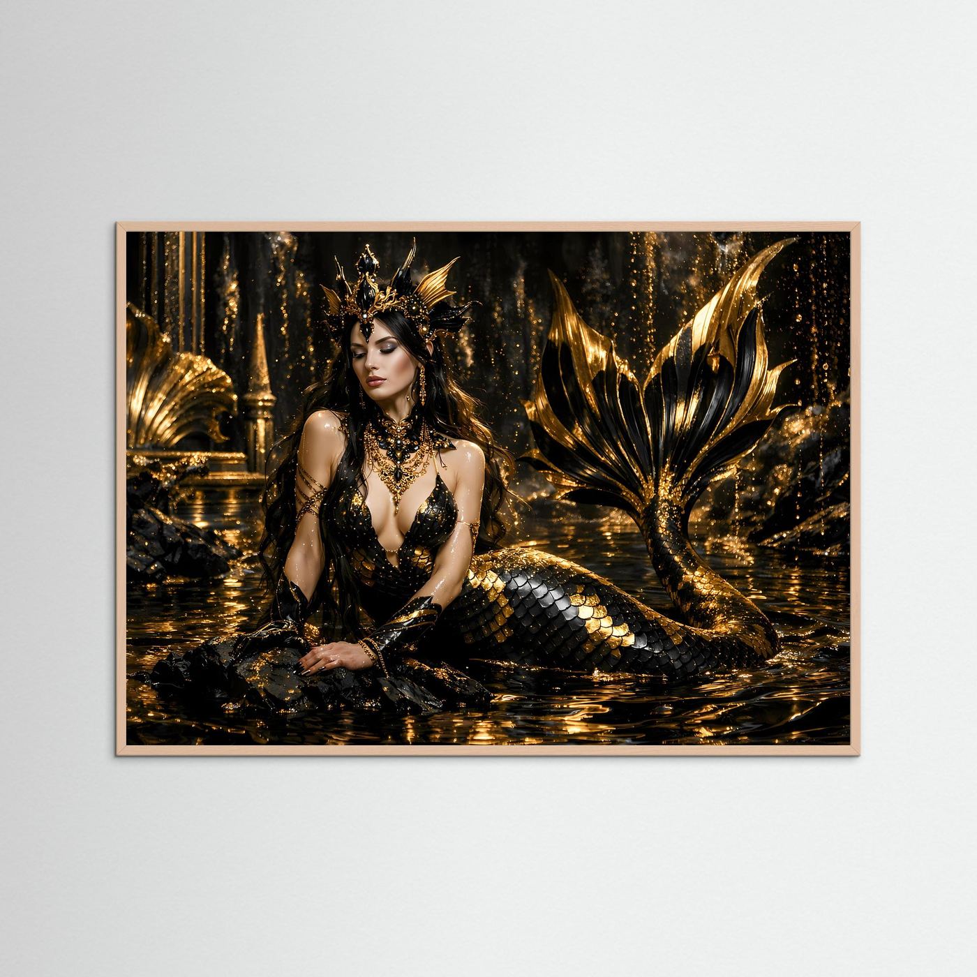 Goldene Meerjungfrau in Schwarz & Gold | Mystisches Fantasy Wandbild Querformat