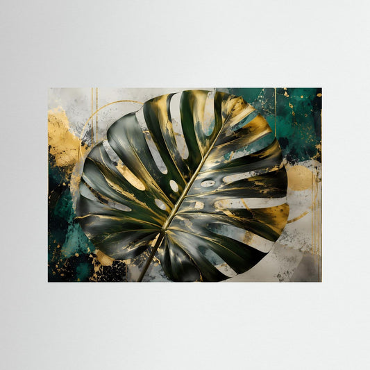 Wandbild mit Monstera-Blattmotiv in Gold und Grün, abstraktes Farbdesign