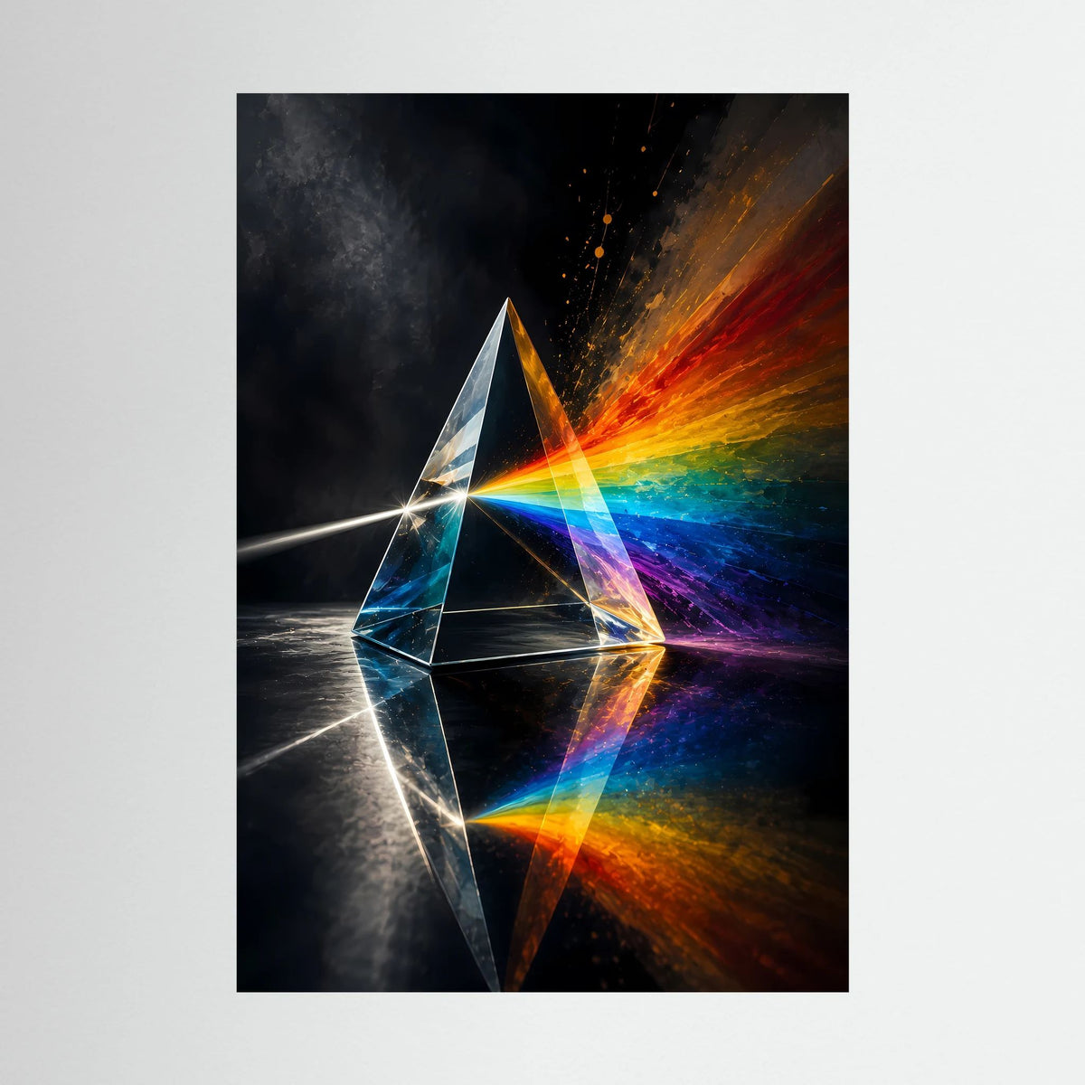 Poster im Hochformat mit farbigem Lichtprisma, Regenbogenverlauf und spiegelnder Reflexion.
