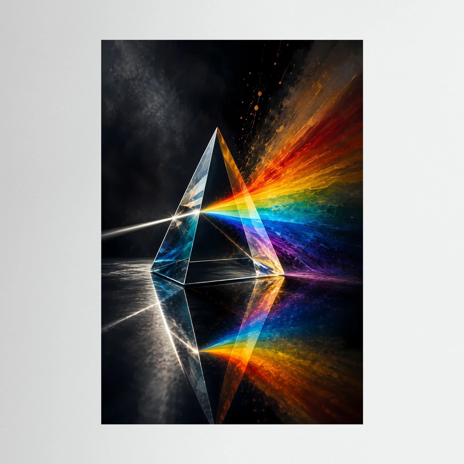 Poster im Hochformat mit farbigem Lichtprisma, Regenbogenverlauf und spiegelnder Reflexion.