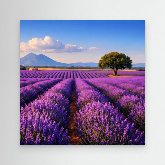 Leinwand-Landschaftsbild mit Lavendelfeld und Baum, ohne sichtbaren Rahmen