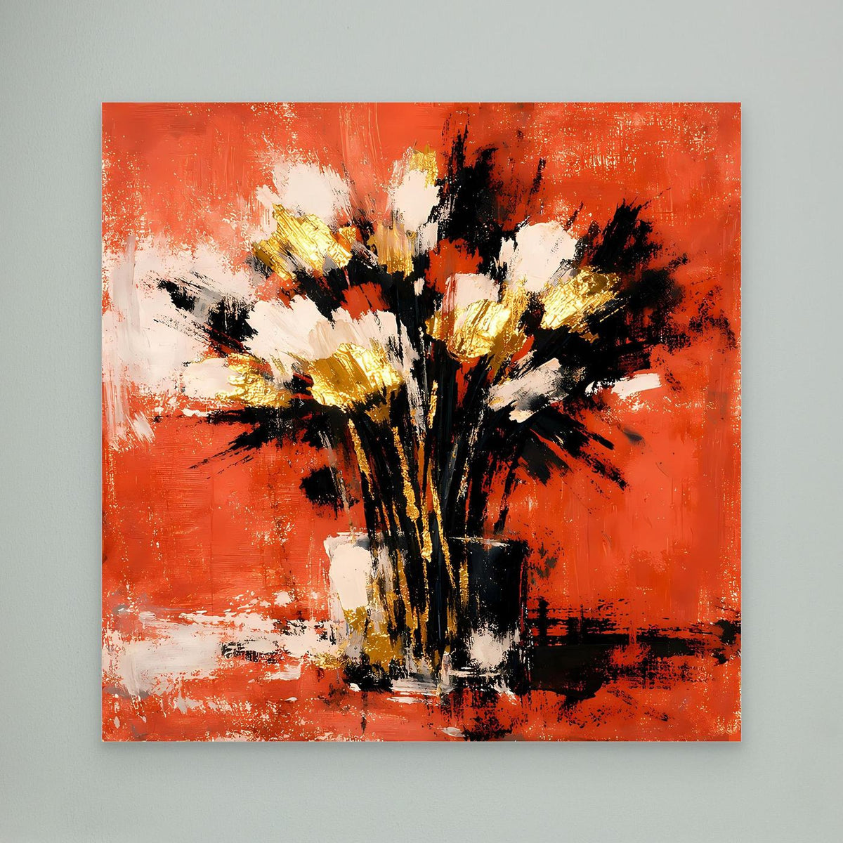 Leinwand-Wandbild mit abstraktem Blumenstrauß in Terrakotta, Weiß und Gold
