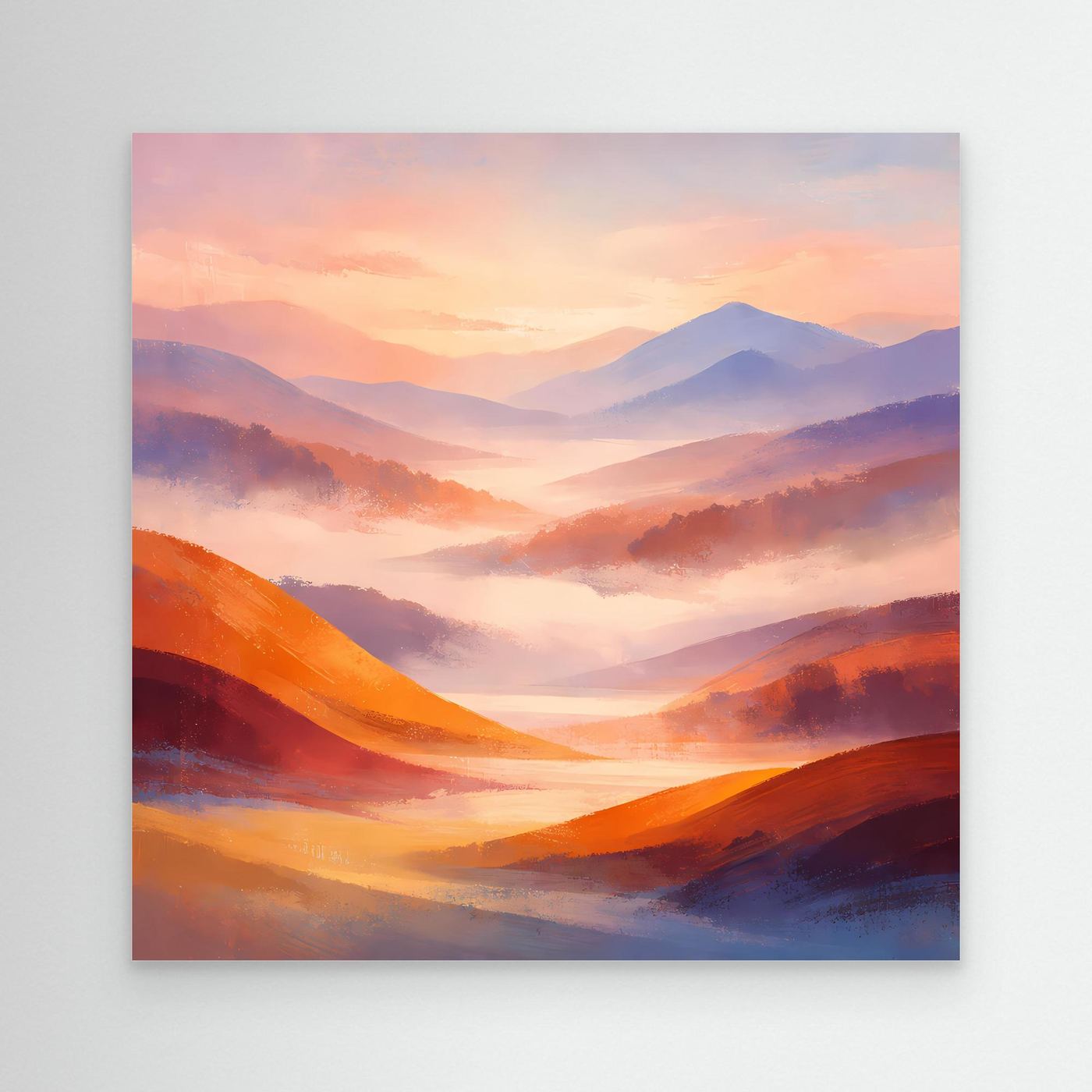 Leinwandbild abstrakte Berglandschaft in Pastell, orange und lila Farbverläufen