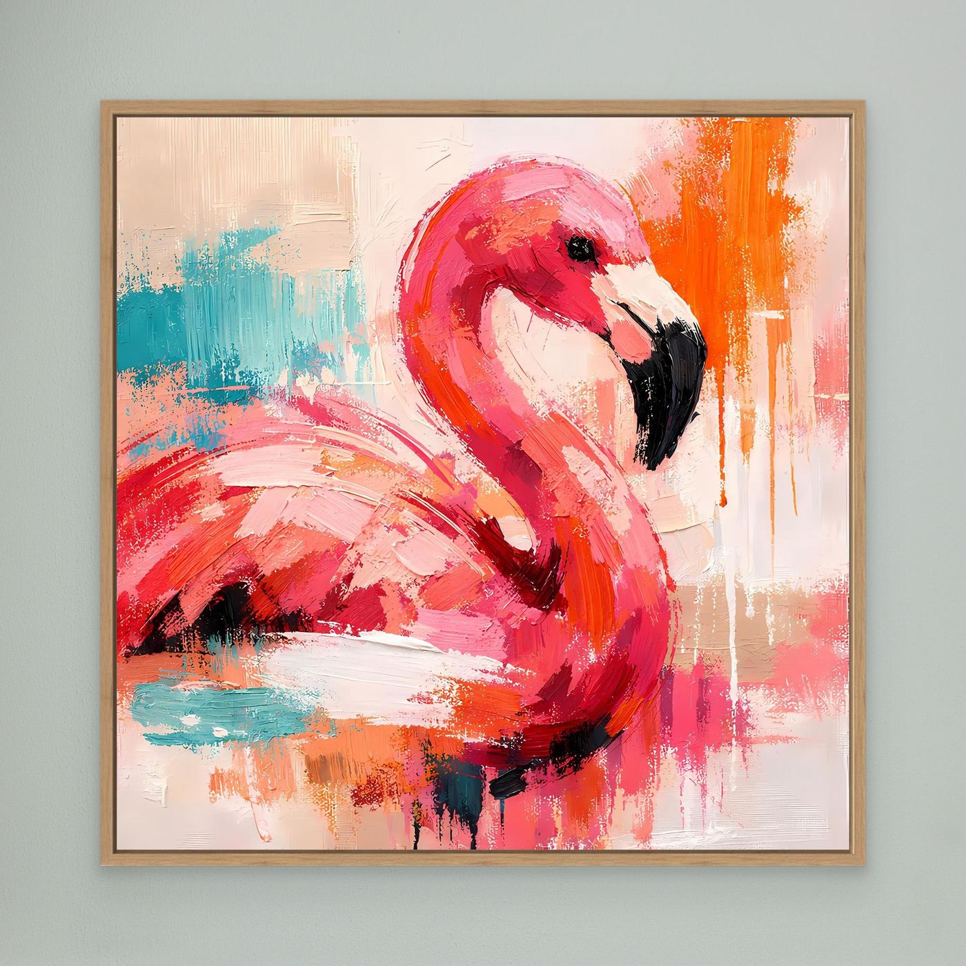Leinwand-Wandbild mit abstraktem Flamingo in Pink und Blau, Holzrahmen.