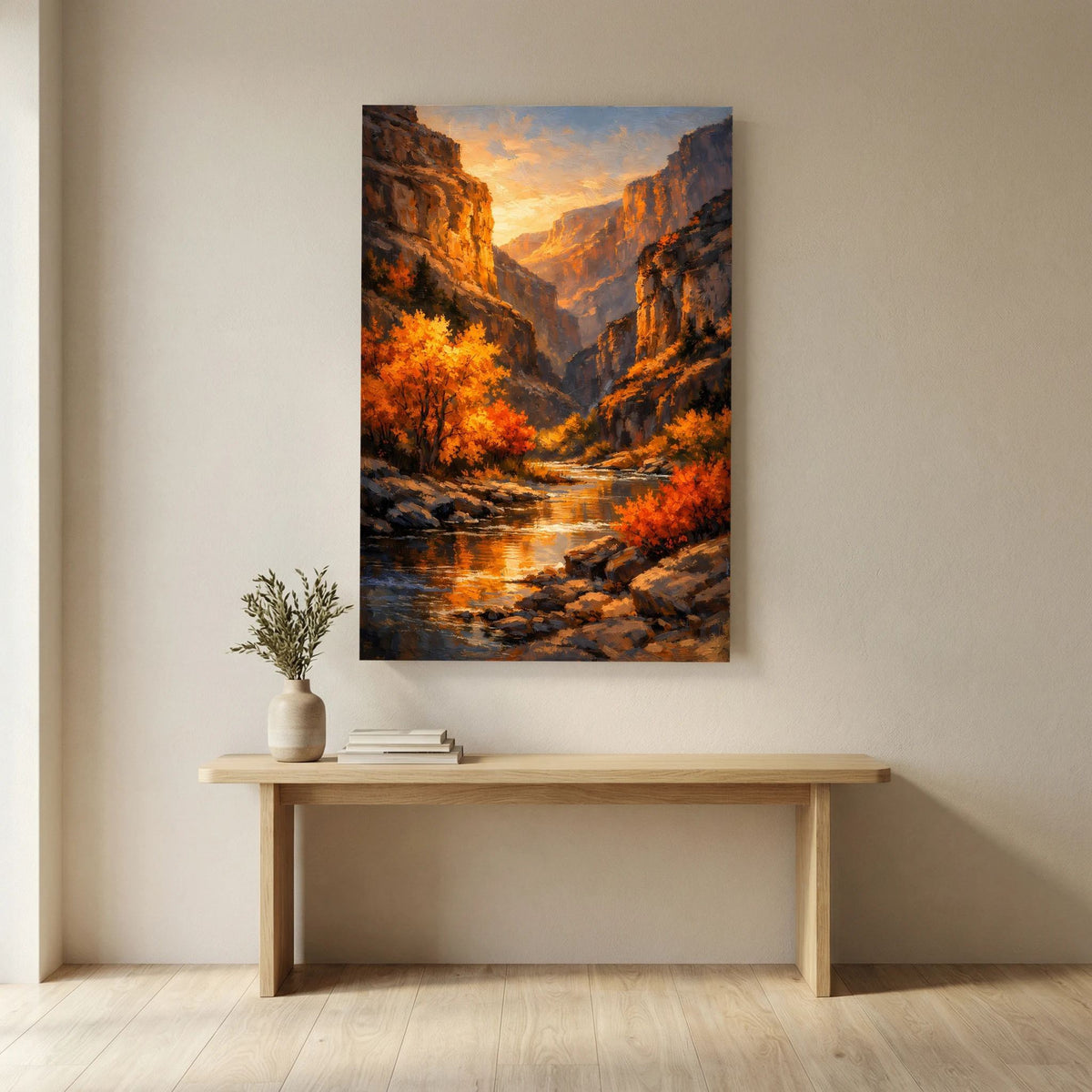 Wandbild im Hochformat mit Canyon und Herbstbäumen am Fluss, goldener Himmel.