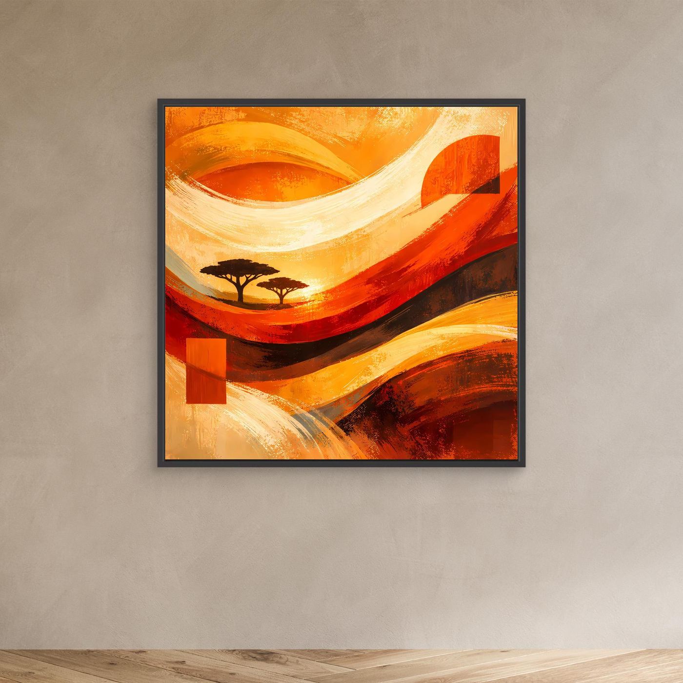 Abstraktes Leinwandbild im schwarzen Rahmen, warme Orange- und Rottöne, Wellen und Baum-Silhouette