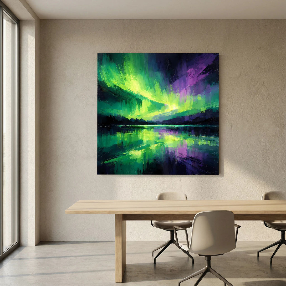 Leinwandbild mit abstraktem Polarlicht in Grün-Lila, mit klarer Spiegelung im Wasser
