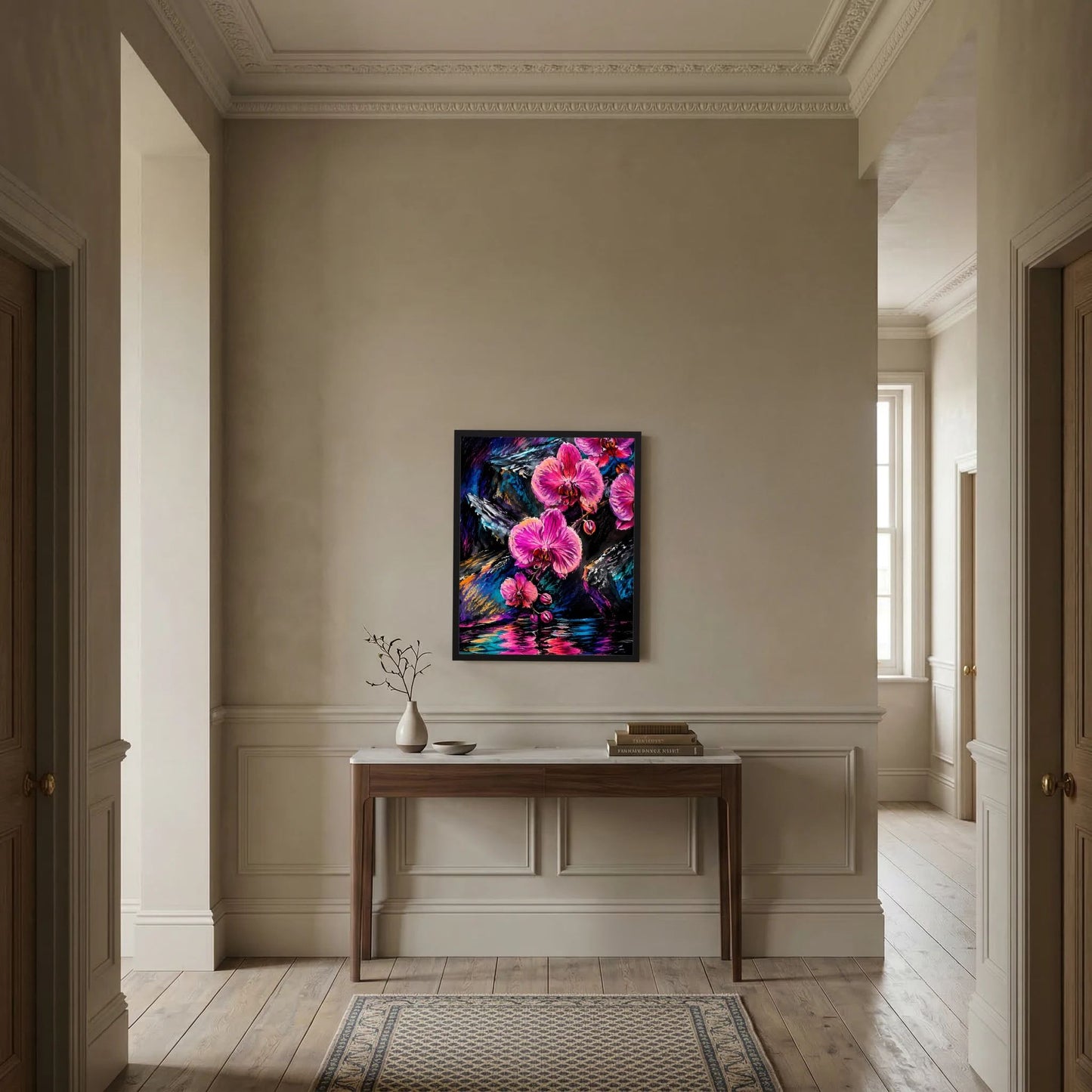 Blumenposter mit schwarzem Rahmen: abstrakte pinke Orchideen auf dunklem Farbwirbel