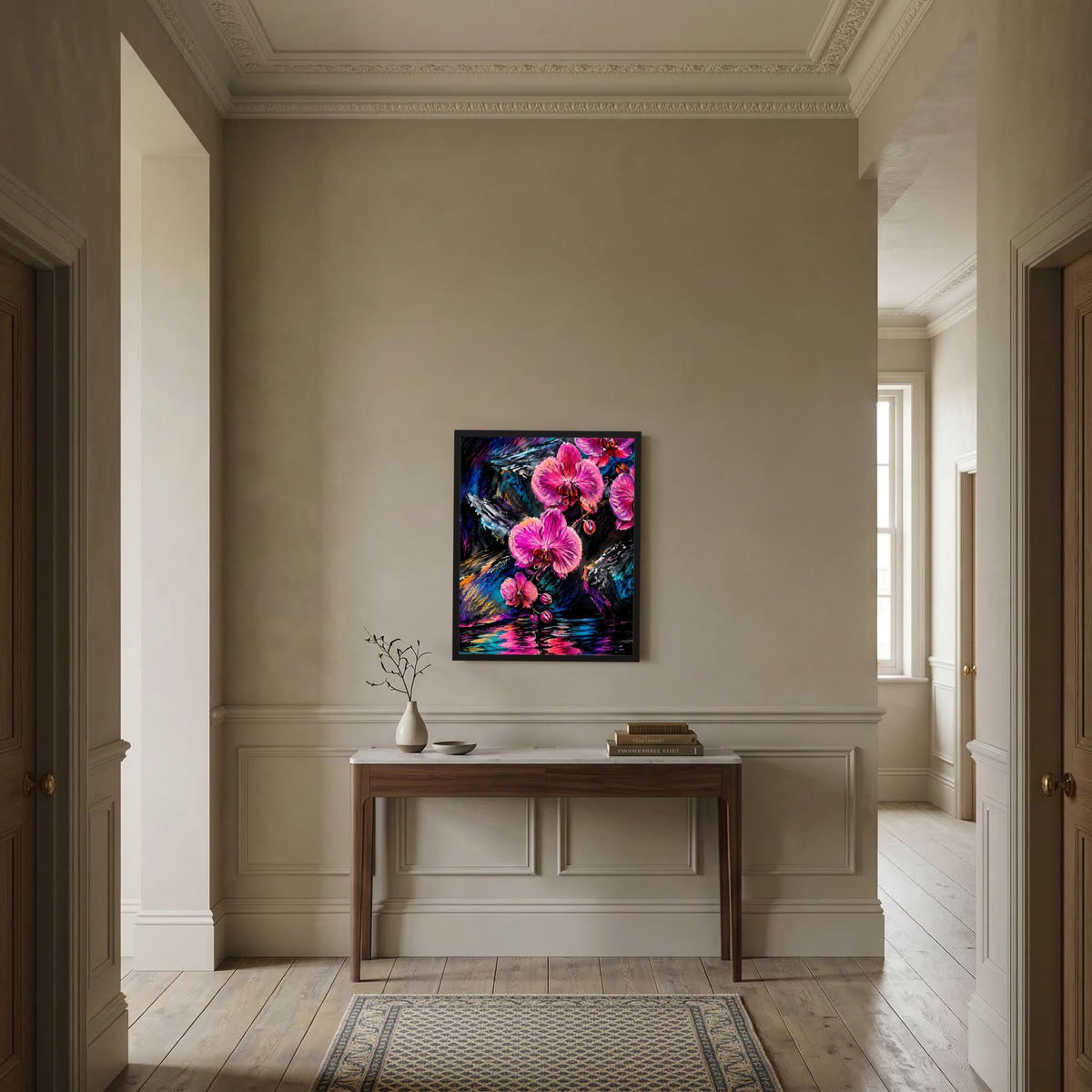 Blumenposter mit schwarzem Rahmen: abstrakte pinke Orchideen auf dunklem Farbwirbel