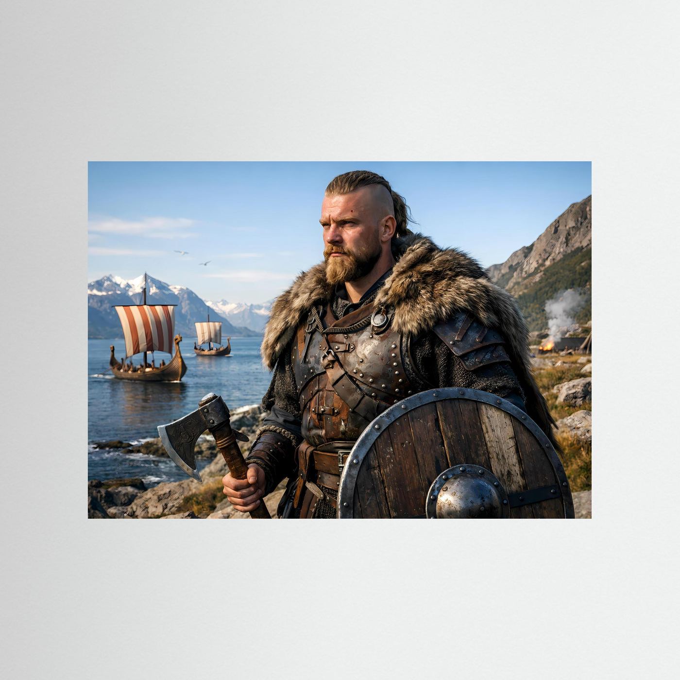 Poster mit Wikingerkrieger, Axt und Booten, blau eingefasst
