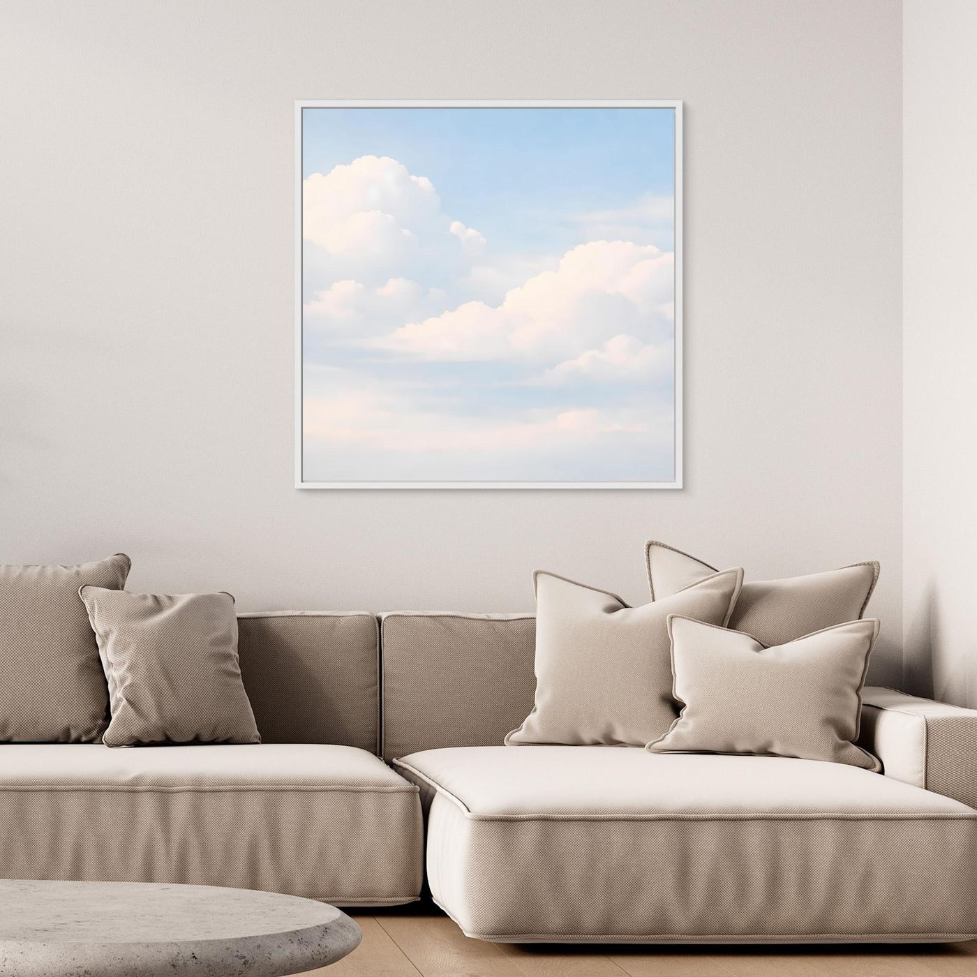 Leinwandbild mit pastellfarbenem Himmel und sanften Wolken, weißer Rahmen
