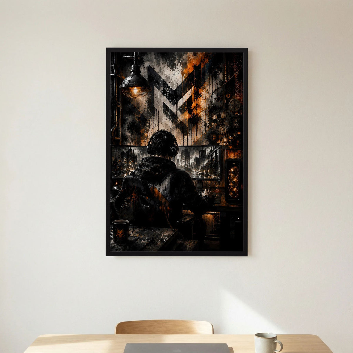 Gamer am PC in Schwarz & Orange | Industrial Gaming Art | Poster Hochformat