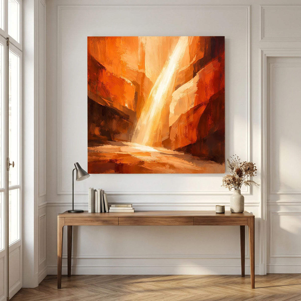 Gerahmtes Leinwandbild mit orange-rotem Felskanal und weiß leuchtendem Lichtstrahl