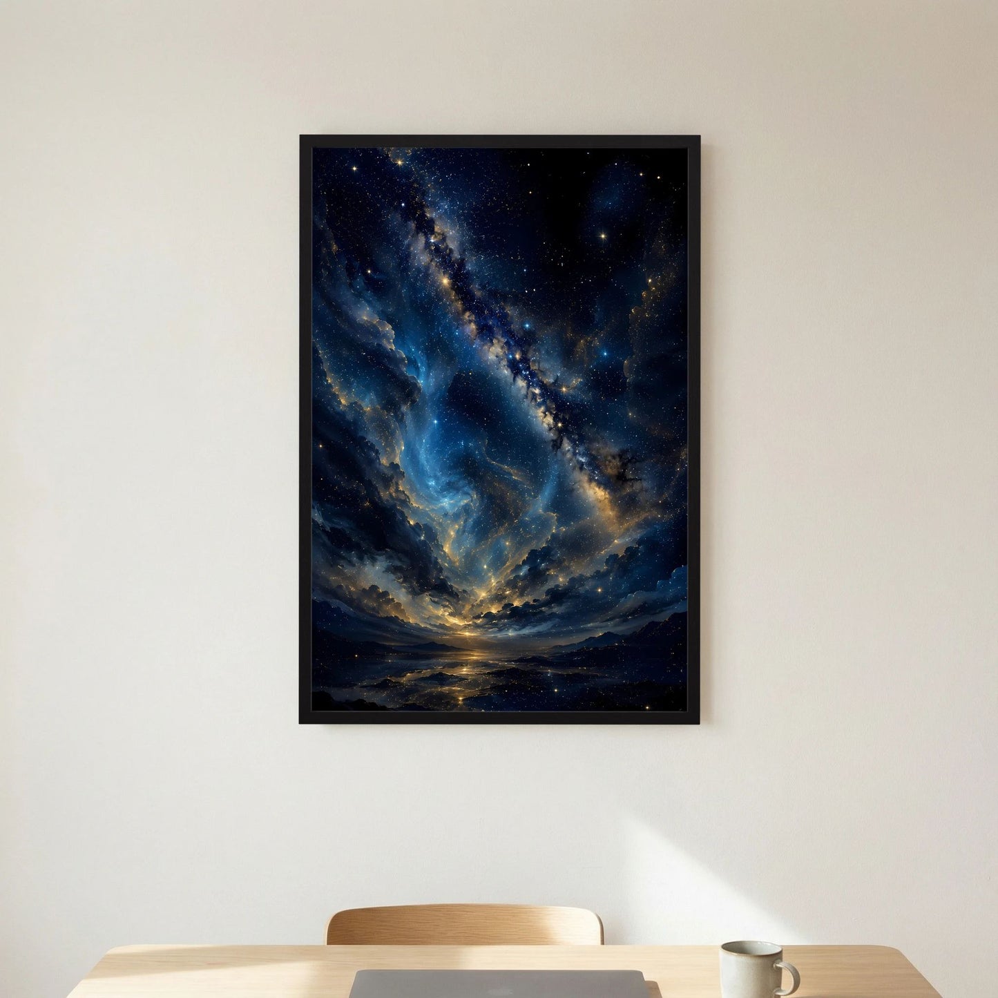 Sternenhimmel in Blau & Gold | Mystische Galaxie über Landschaft | Poster Hochformat