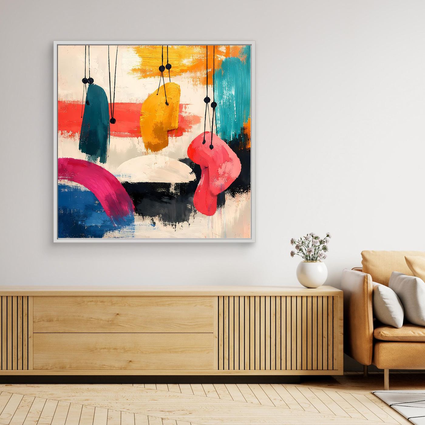 Framed abstract wall canvas with colorful hanging organic shapes and splatter strokes