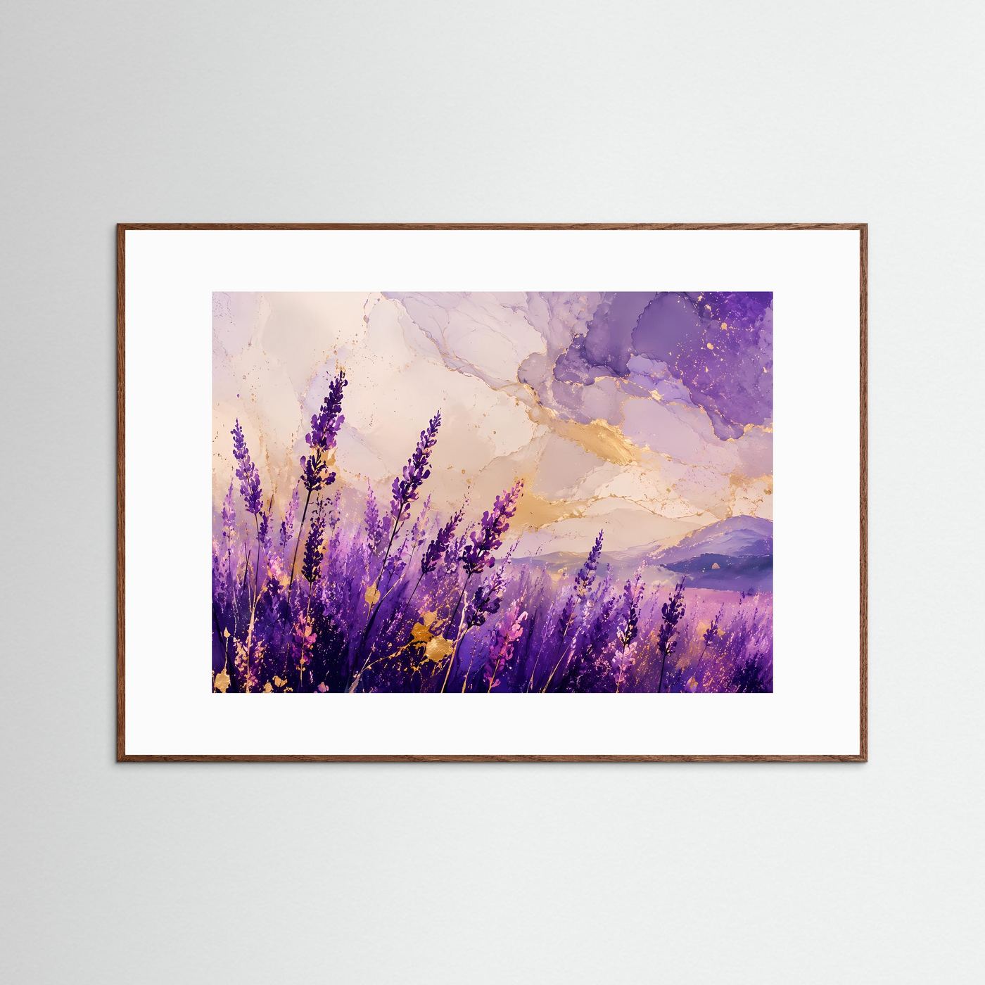Lavendelfeld Poster | Abstrakte Lavendel Landschaft | Lila Blumen Wandbild | Gold Akzent Kunst | Premium Leinwandbild