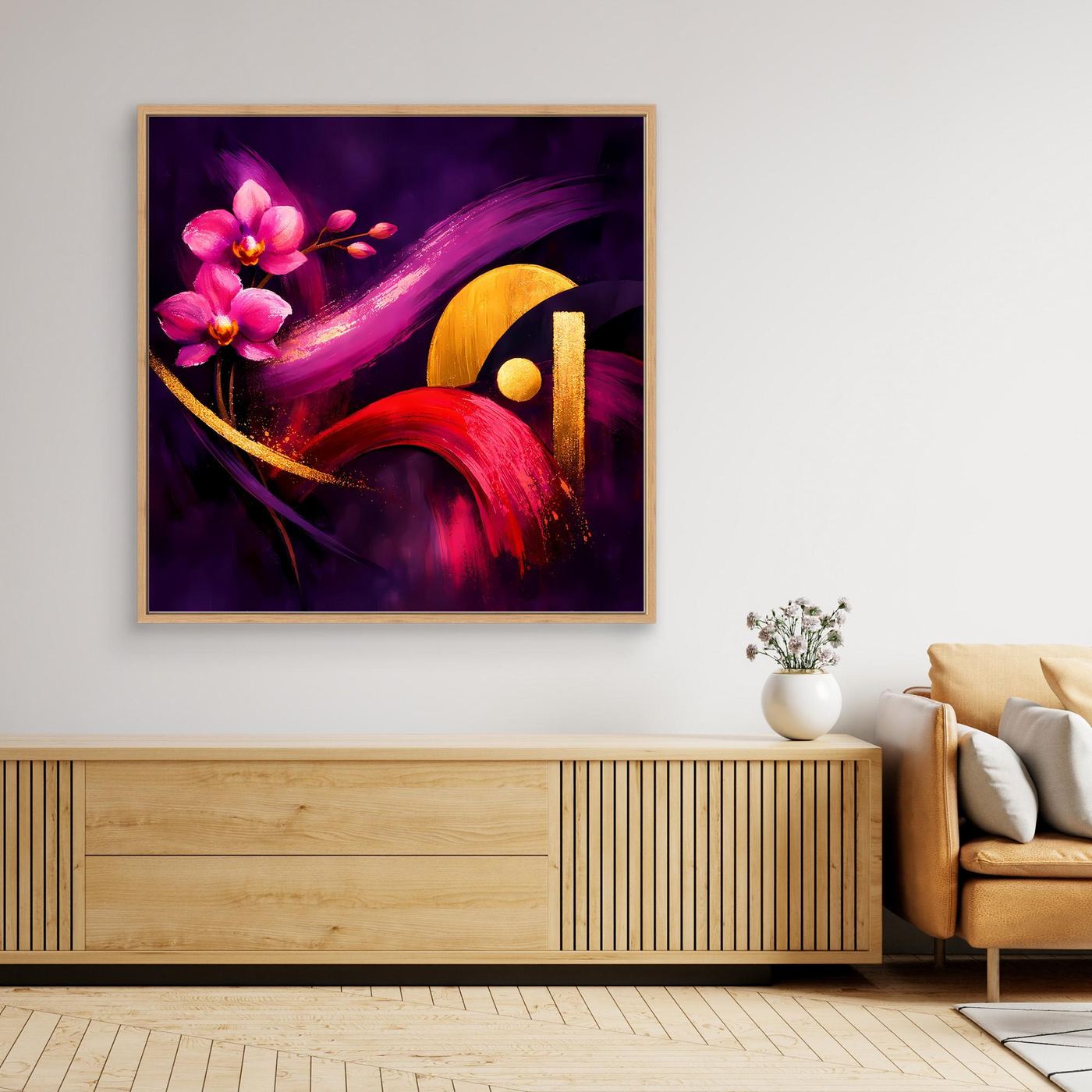 Leinwandbild mit Orchideenblüten in Pink, rotem Akzent und goldenen Formen, goldbrauner Rahmen