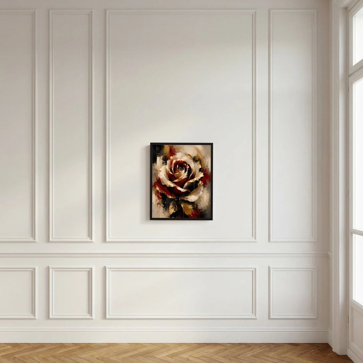 Abstraktes Rosenposter im schwarzen Rahmen mit roter, goldener und schwarzer Blüte