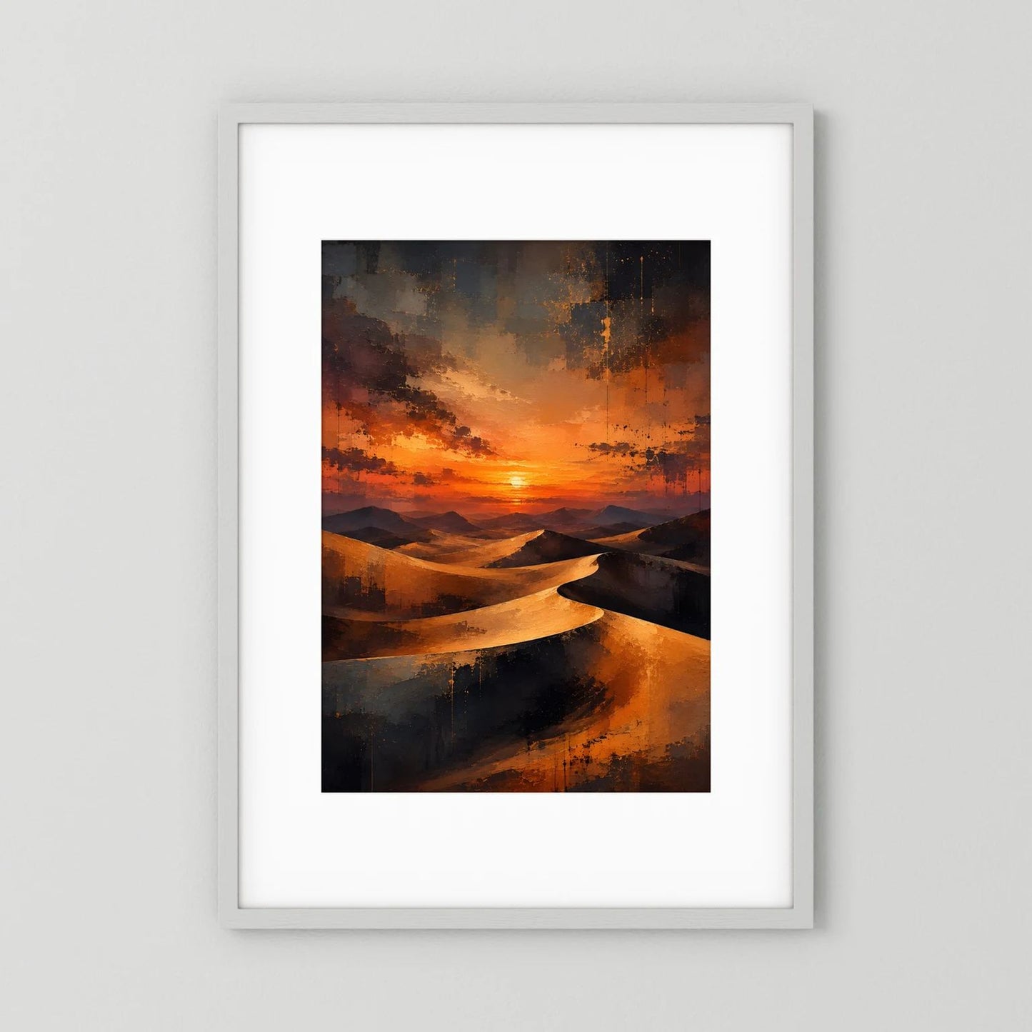 Hochformat-Poster mit abstrakten Sanddünen in Orange- und Blautönen, in weißem Rahmen