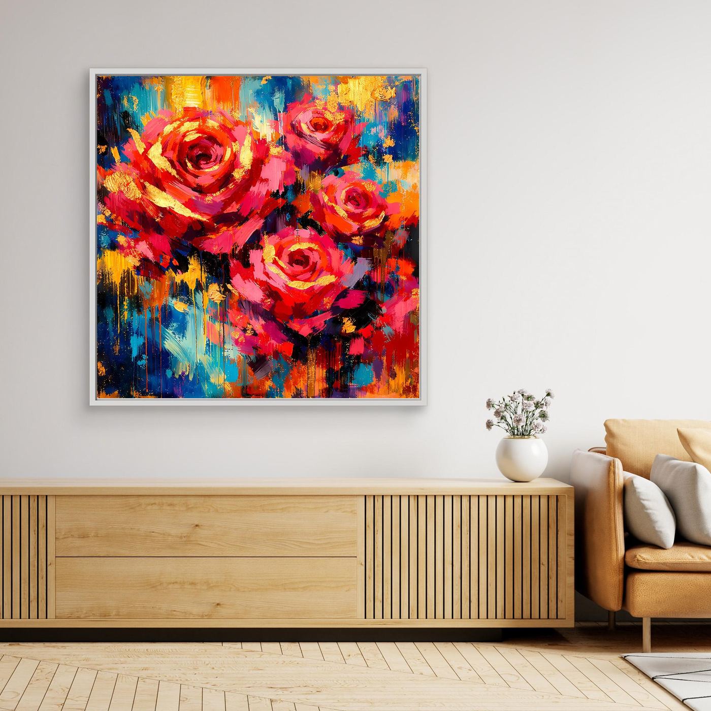 Gerahmtes Leinwandbild mit abstrakten Rosen in kräftigen Farben, weißer Rahmen