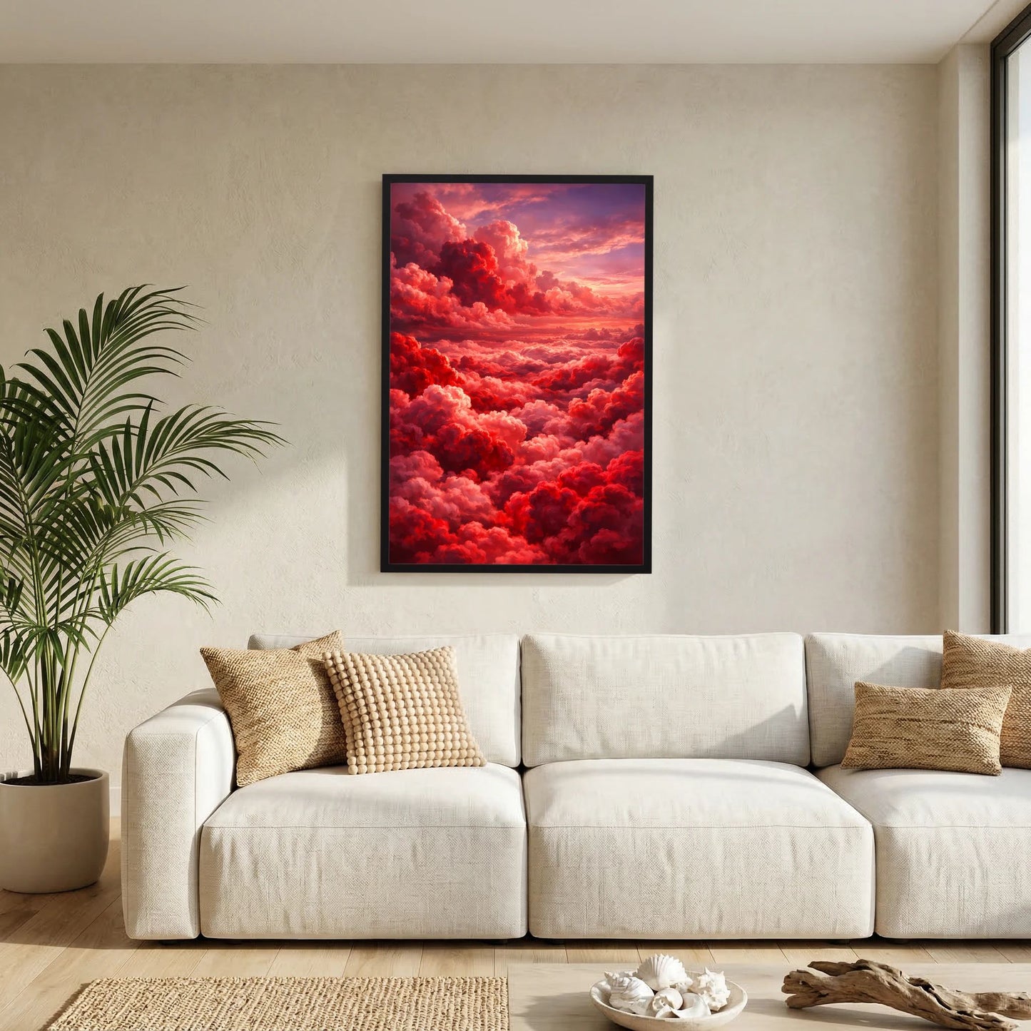 Kunstposter Hochformat mit rotem Wolkenmeer und Sonnenuntergang, schwarzer Rahmen
