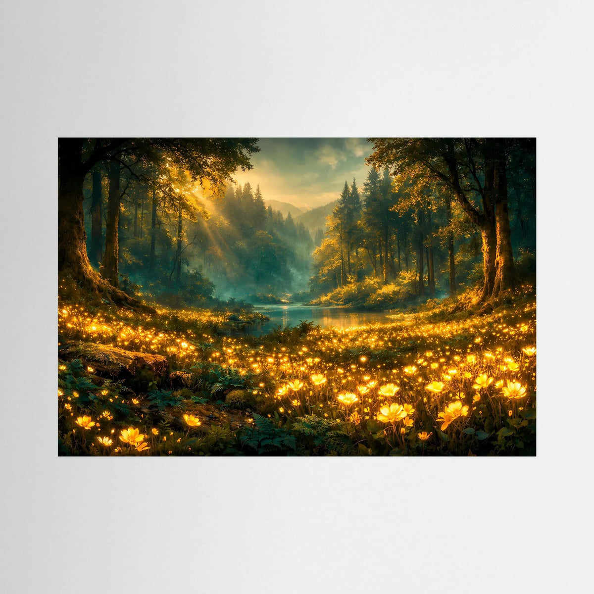 Wandbild im Querformat: goldenes Waldtal im Morgenlicht, Fluss und warme Lichter