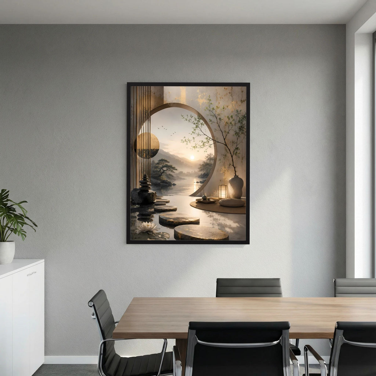 Wandposter im schwarzen Rahmen mit asiatischer Uferszene, Mond und leuchtender Laterne