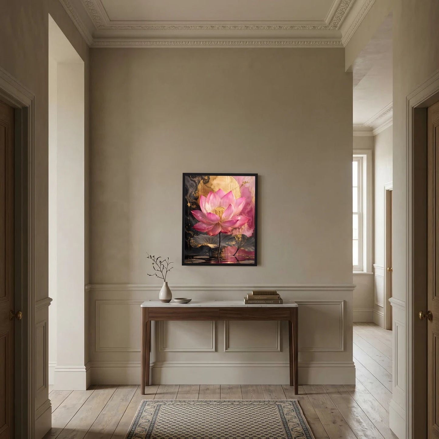 Lotusblumen-Wandbild mit schwarzem Rahmen, rosa Lotusblüte über gold-dunklem Hintergrund
