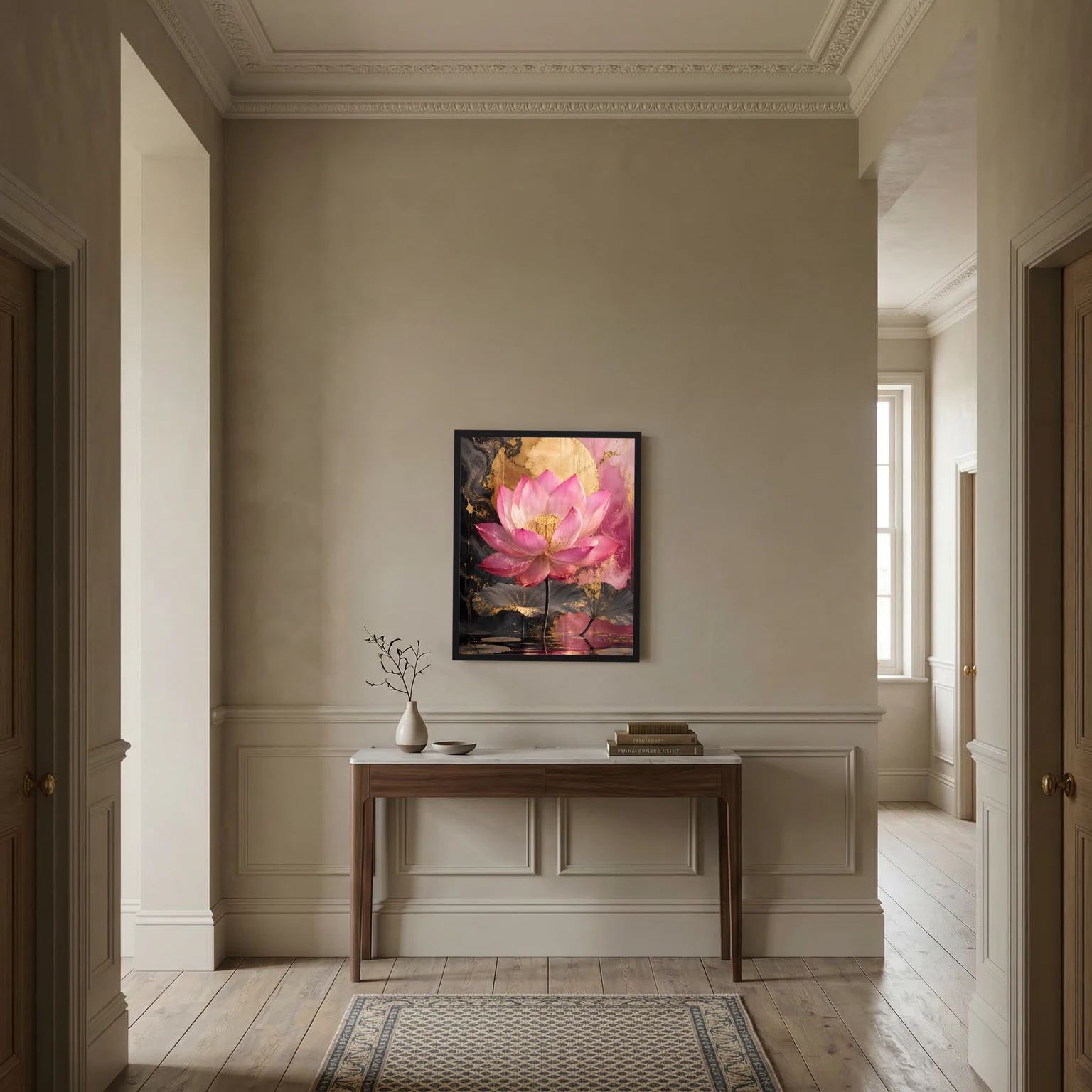 Lotusblumen-Wandbild mit schwarzem Rahmen, rosa Lotusblüte über gold-dunklem Hintergrund