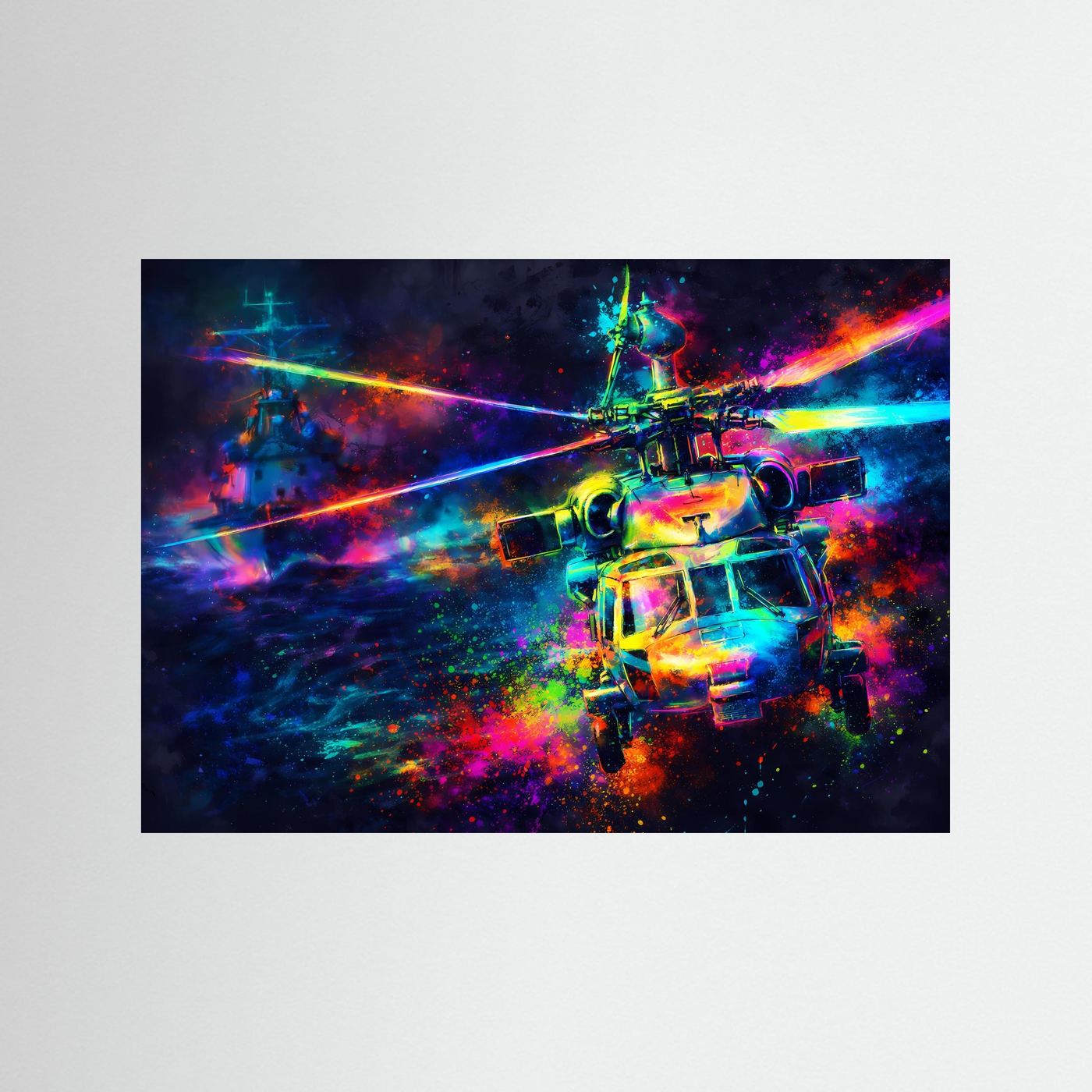 Abstraktes Hubschrauber-Poster im Querformat mit Neonfarben und leuchtenden Lichtstrahlen